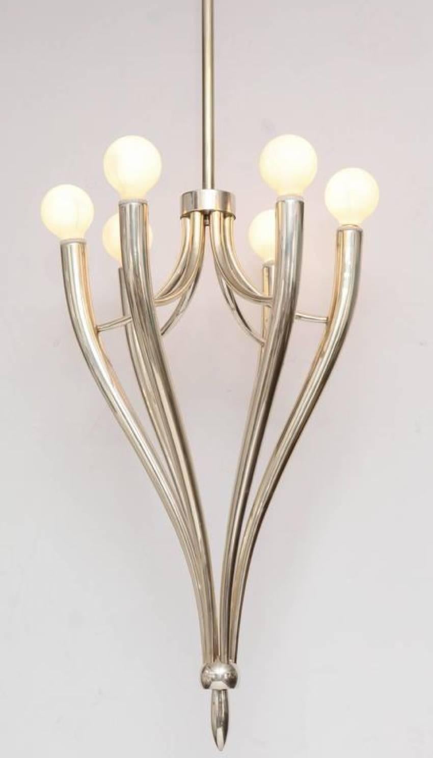 Mid-20th Century Six-Arm Nickeled Chandelier in the Style of Guglielmo Ulrich For Sale