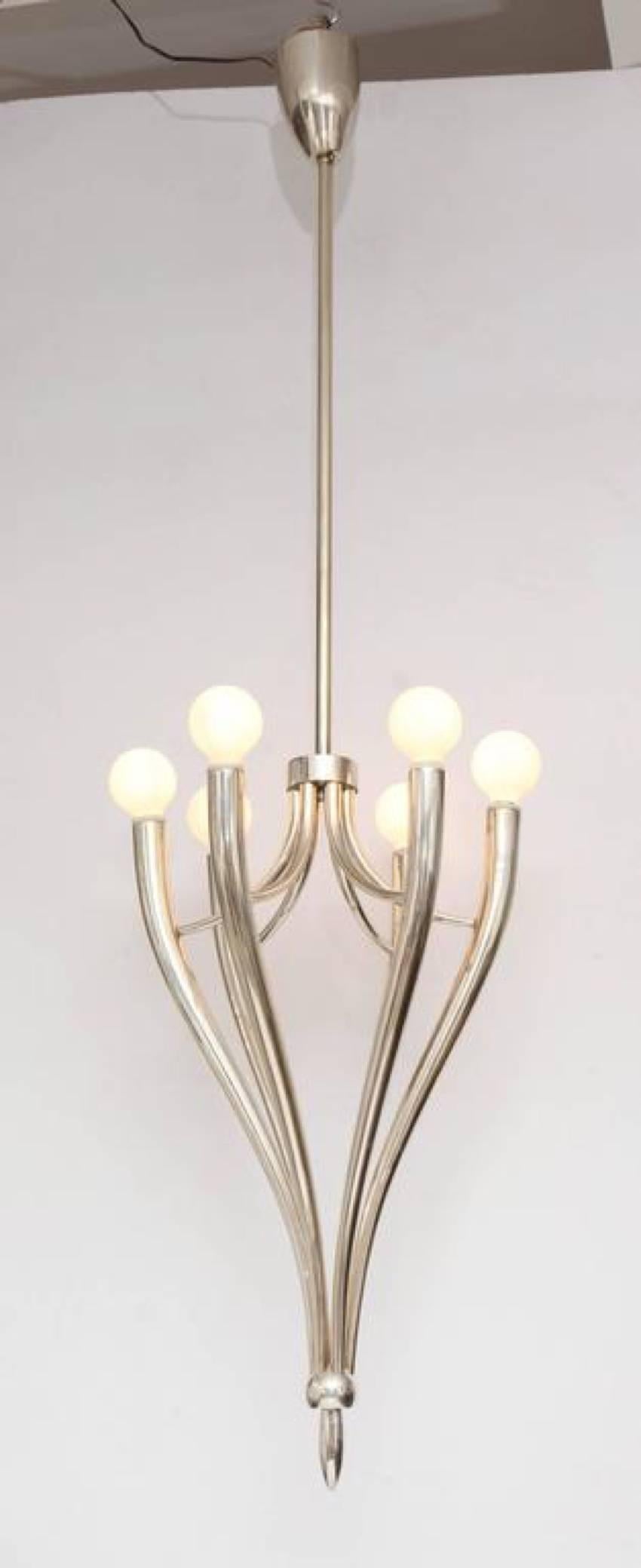 Six-Arm Nickeled Chandelier in the Style of Guglielmo Ulrich For Sale 1