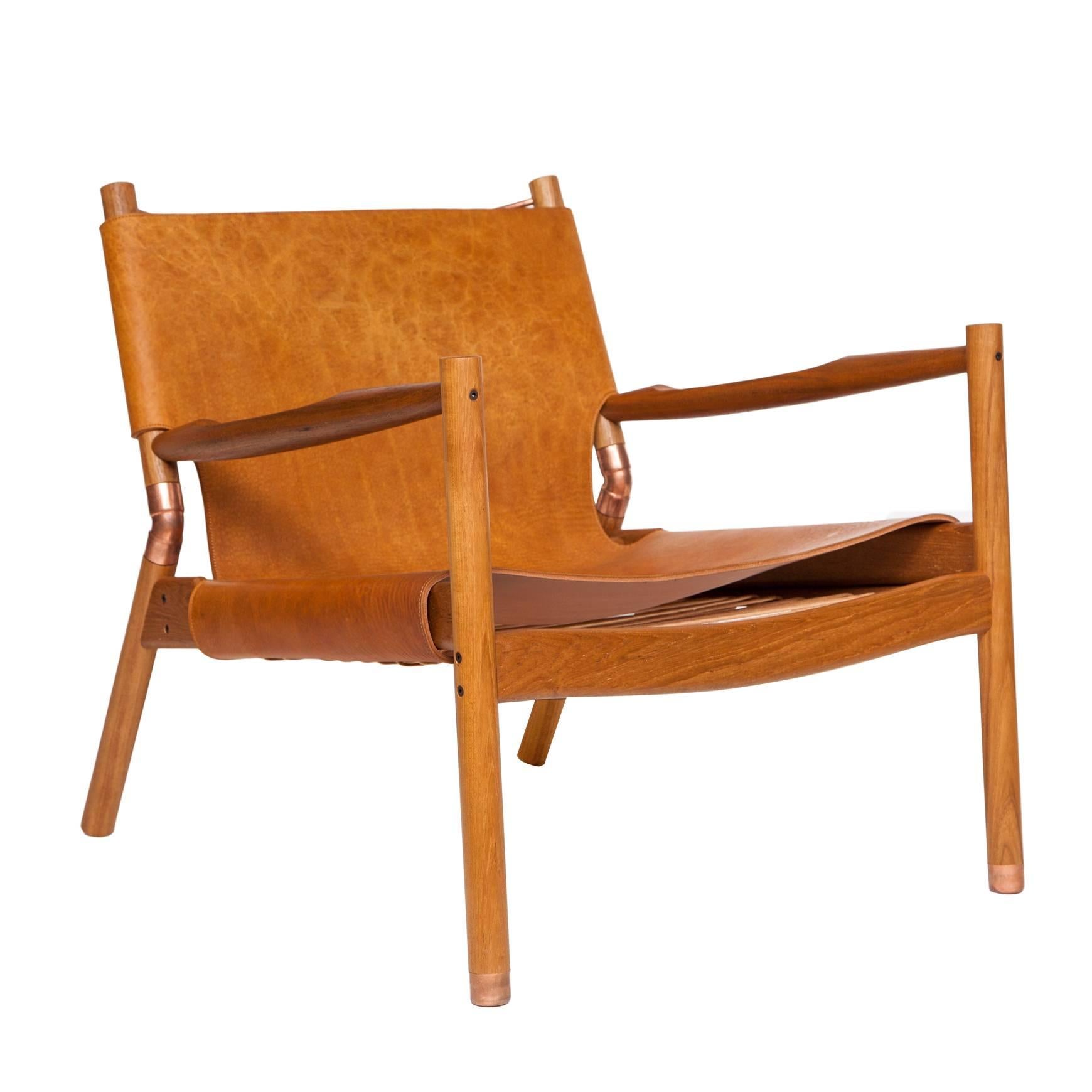 Erickson Aesthetics  Slung Leather Teak  Lounge Chair For Sale