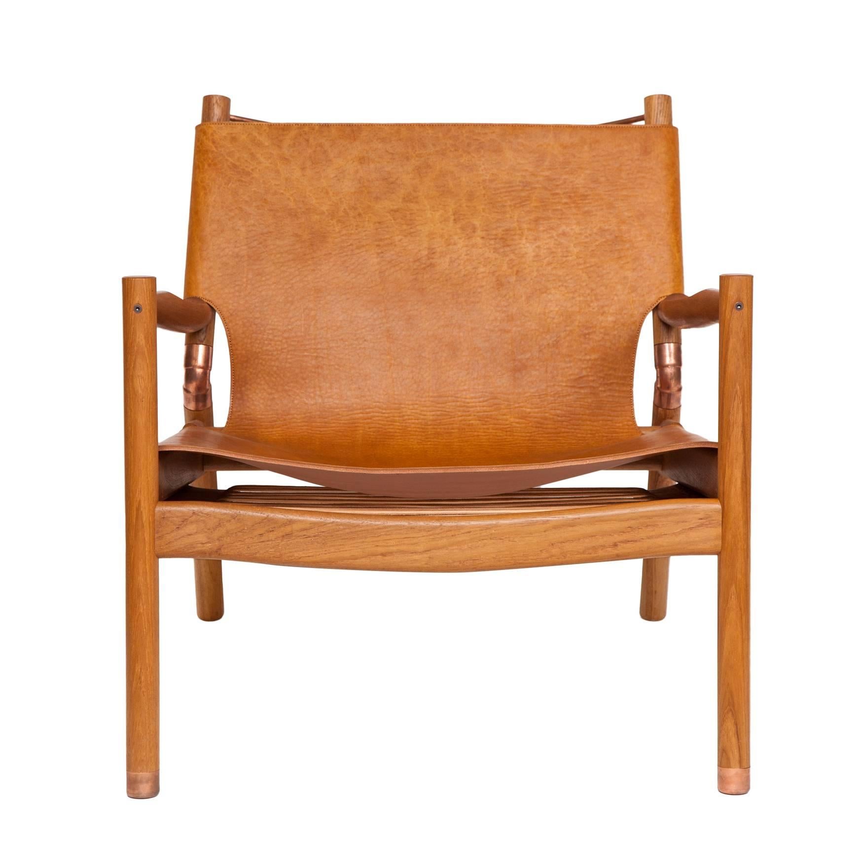 American Erickson Aesthetics  Slung Leather Teak  Lounge Chair For Sale