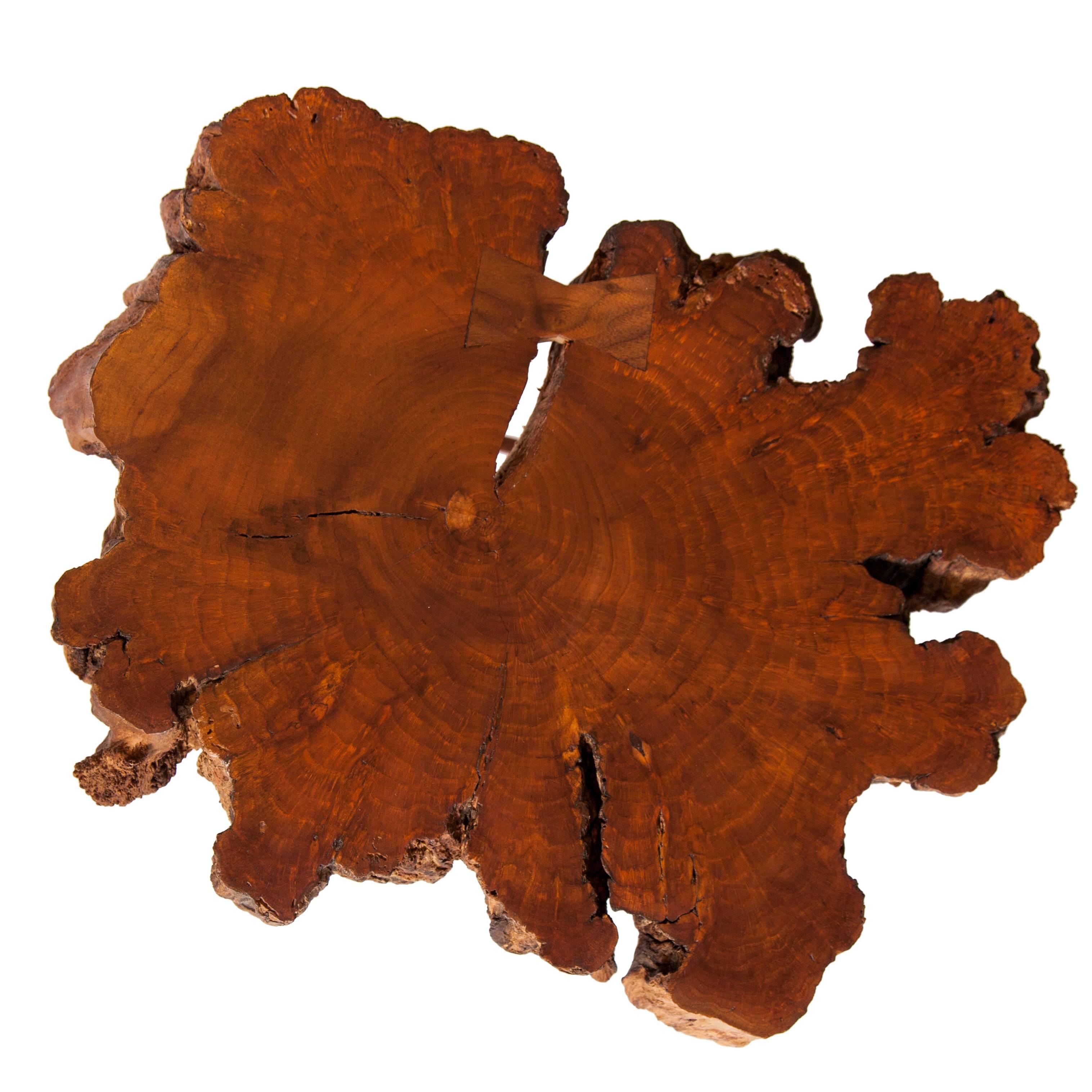 Cherrybomb tables by Don Howell circa 2010 from solid cherry burl stump cut slabs with Walnut butterflies and walnut base.