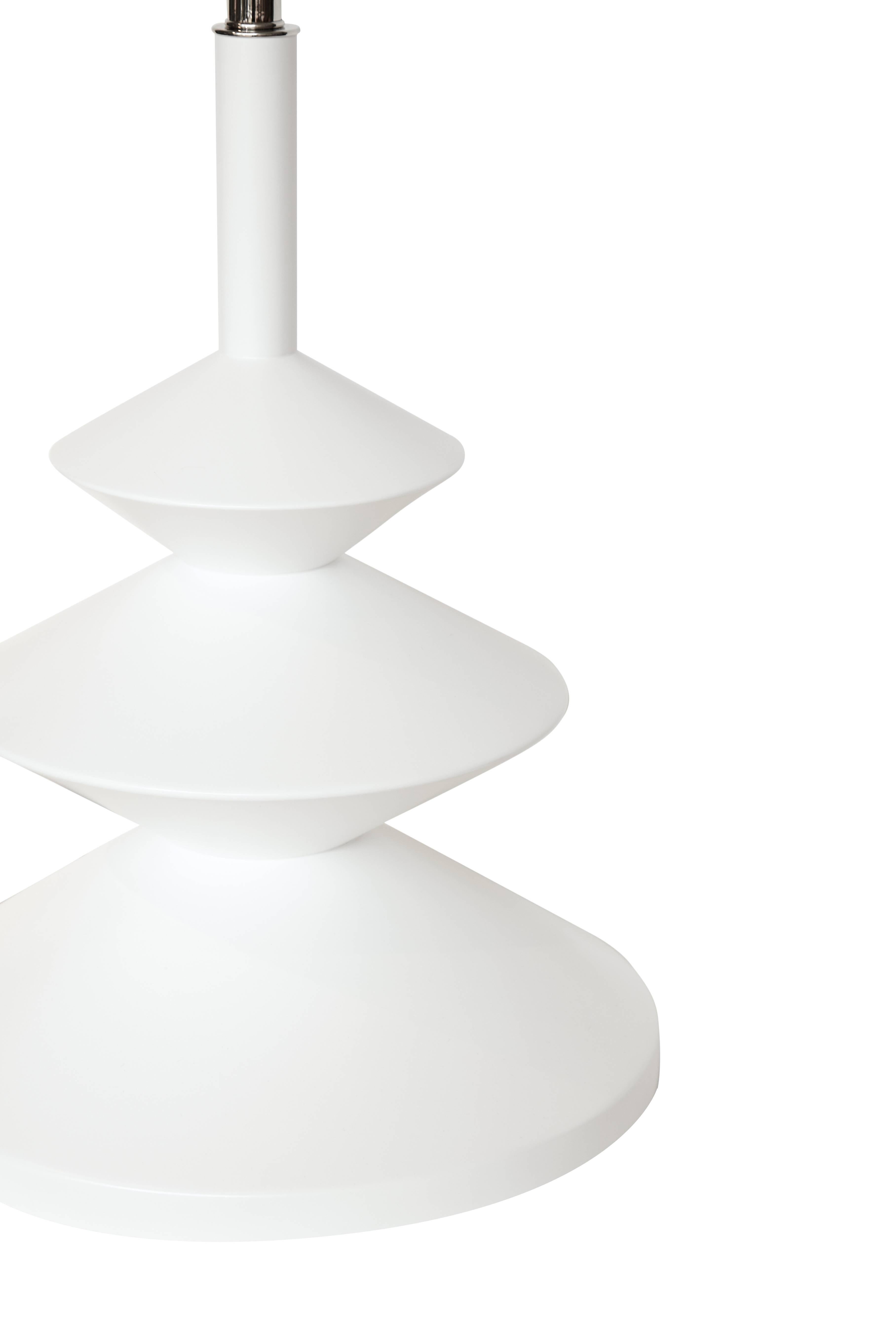 Hoover XL table lamp made from solid turned maple shown in a white satin lacquer finish with polished nickel fixture.