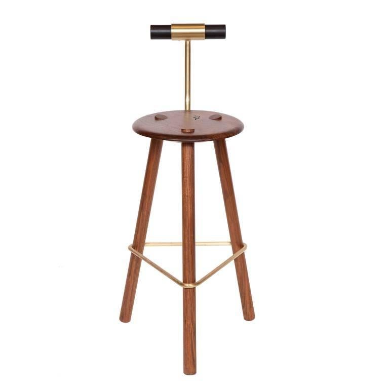 Walnut tripod stool with lacquered backrest and satin brass supports.
Designed by Ben Erickson for Erickson Aesthetics.

Measure: Seat height 27”

Custom orders have a lead time of 10-12 weeks FOB NYC. Lead time contingent upon selection of