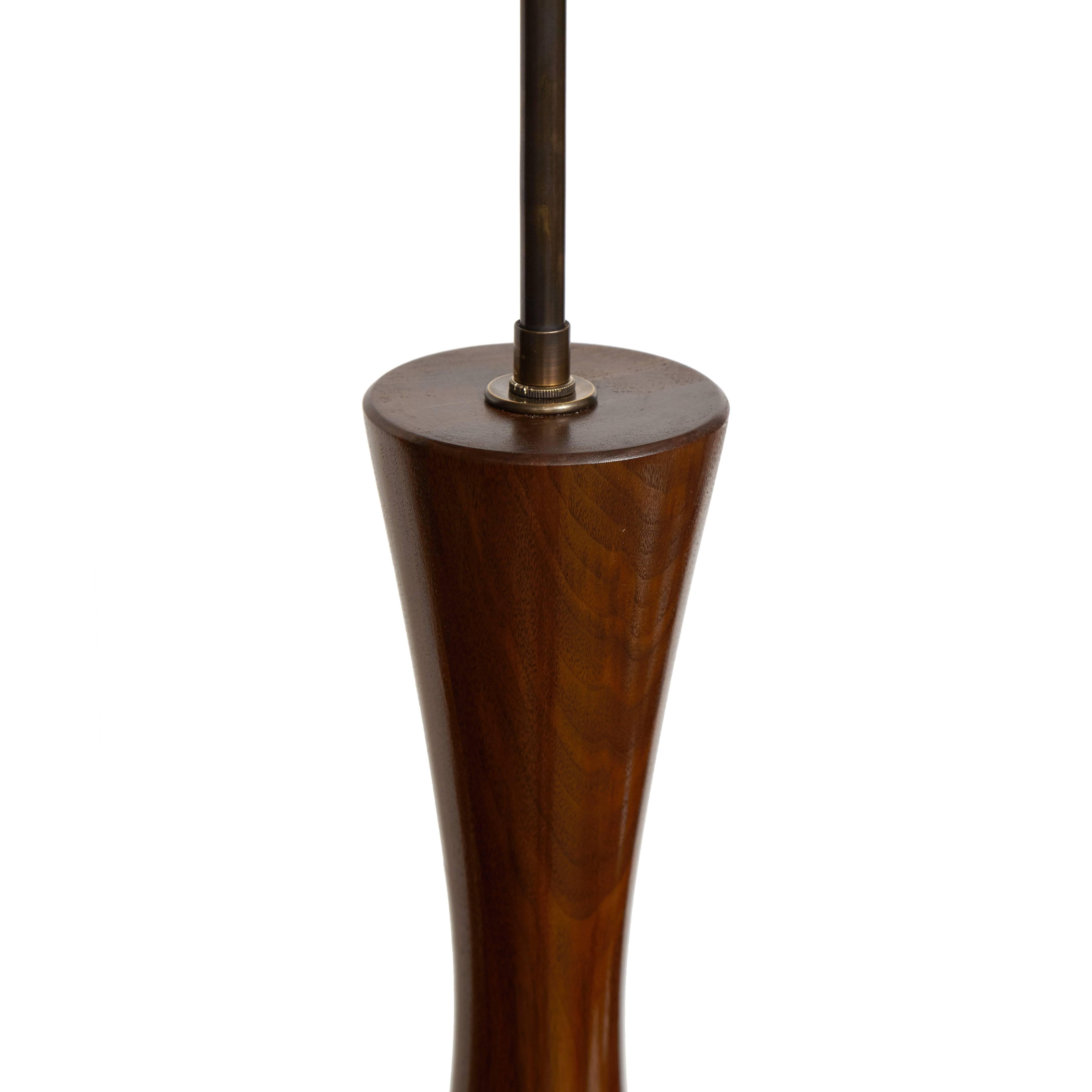 Pair of Eichel walnut table lamp turned from solid walnut.
Base height-24

Custom orders have a lead time of 10-12 weeks FOB NYC. Lead time contingent upon selection of finishes, approval of shop drawings (if applicable), and receipt COM (if