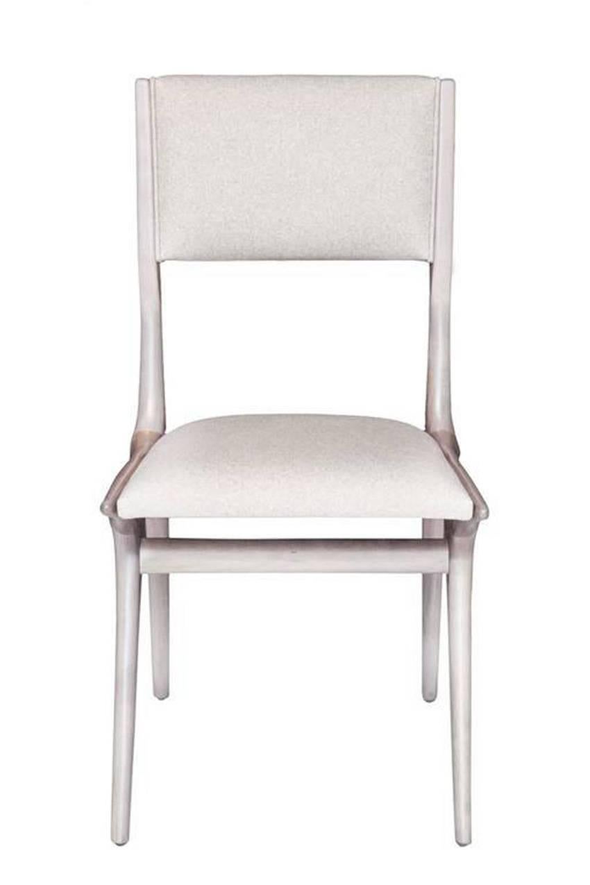 Maple dining chair in grey bleached finish. 
Measures: Seat height 18.5” seat depth 16”
COM requirements: 1.5 yards 
5% up-charge for contrasting fabrics and or welting 
COL requirements 30 sq. feet 
5% percentage up-charge for all COL or