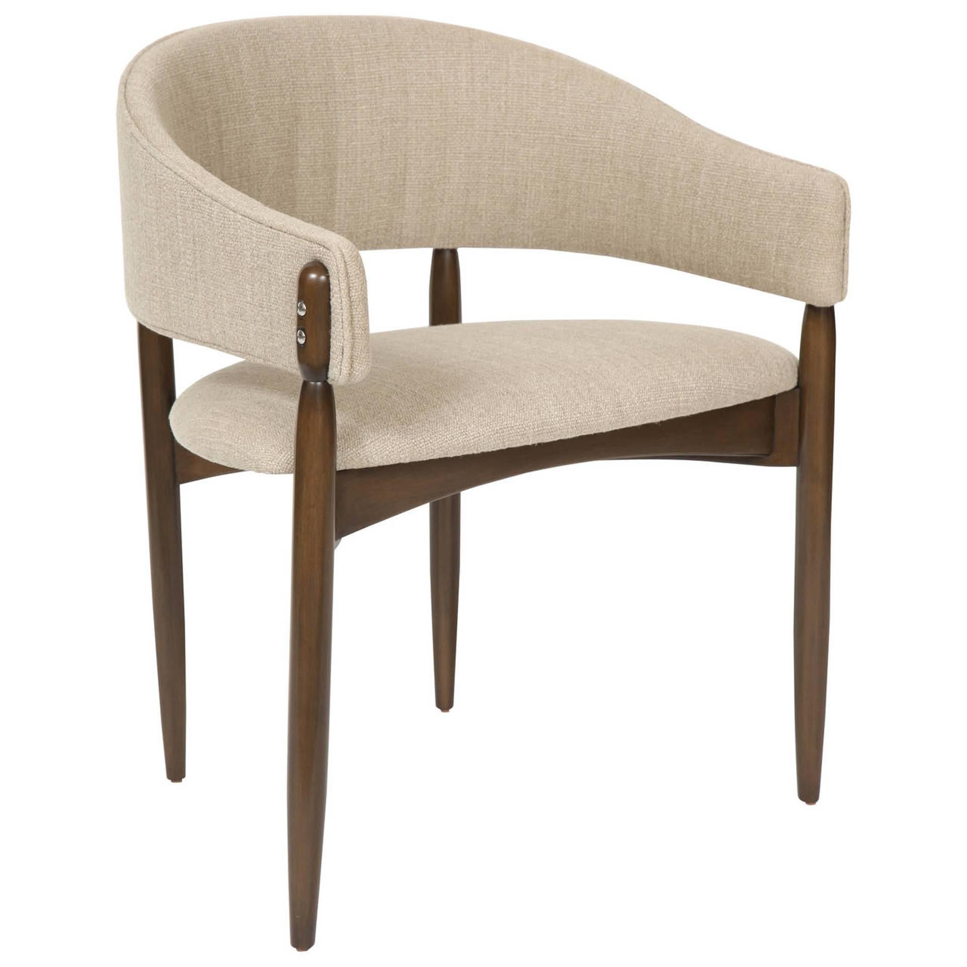 Enroth dining chair.
Measures: Seat height-18”. 
Seat depth -18.5”. 
COM requirements: 2yards. 
5% up-charge for contrasting fabrics and or welting. 
COL requirements: 40 sq. feet. 
5% percentage up-charge for all COL or exotic materials.