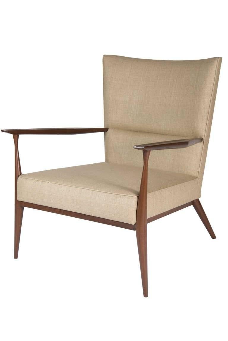 Solid walnut curved back armchair. Solid exposed framed work with tight upholstery detailing. Very comfortable and extremely stylish from all angles.
Measures: Seat height 16
Seat depth 23

COM requirements: Four yards.
5% up-charge for