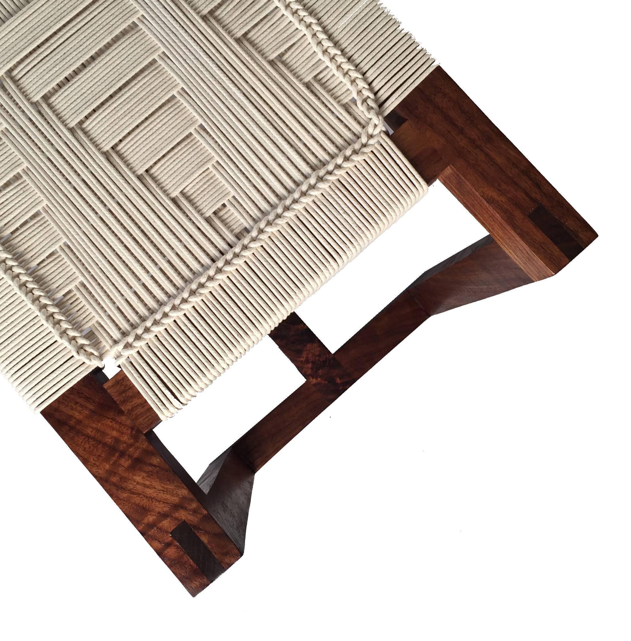 The fireside bench is made in white oak or ash and features bridle joint and peg joint detailing. Each handwoven seat is made with solid braid cotton cord. Customizable sizing, color and patterning is available to trade.

Custom orders have a lead
