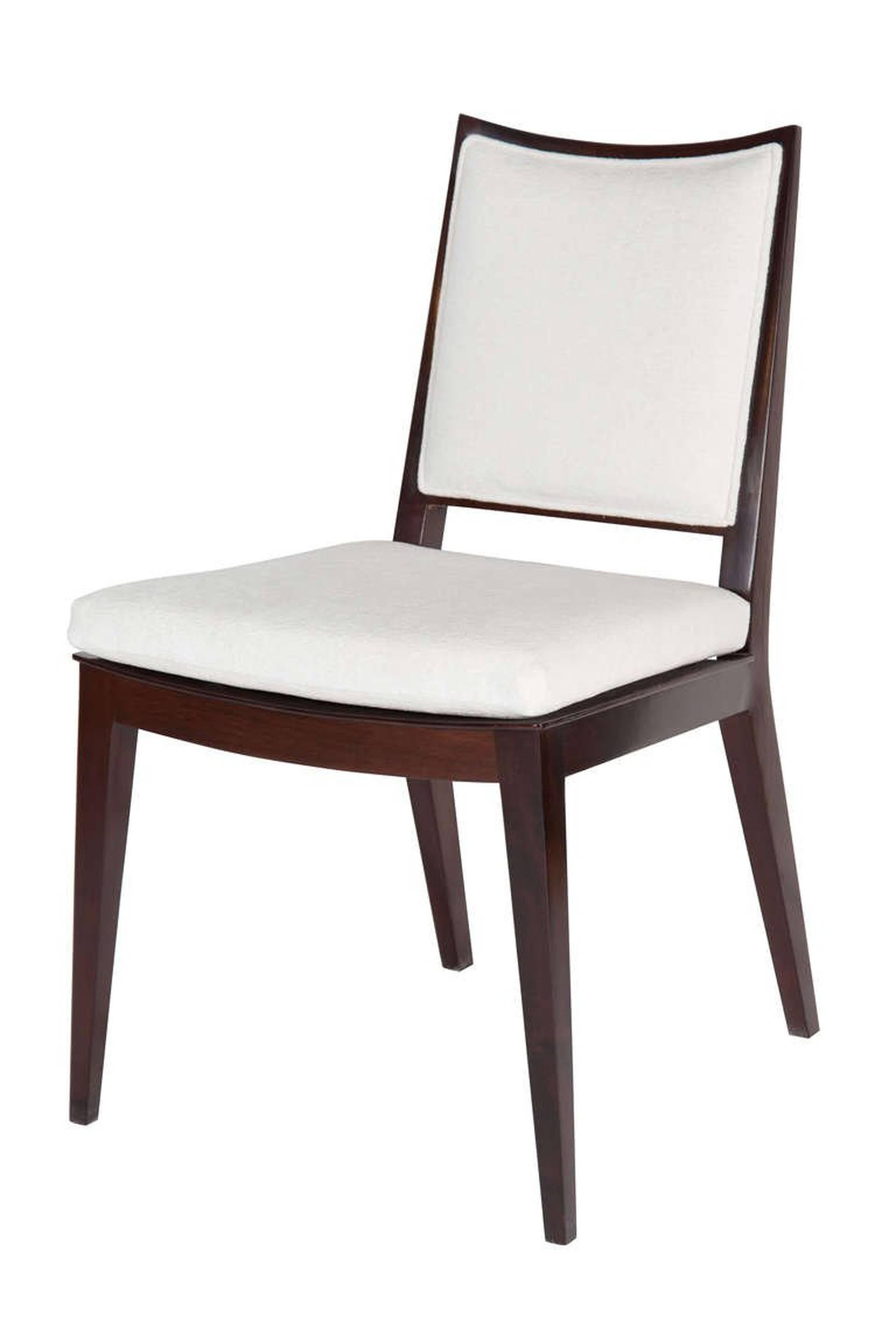 Solid Mahogany frame back dining chair. 
Measures:
Seat height19”. 
Seat depth 17.5”. 

COM requirements: 2 yards.
5% up-charge for contrasting fabrics and or welting.
COL requirements:40 sq. feet.
5% percentage up-charge for all COL or