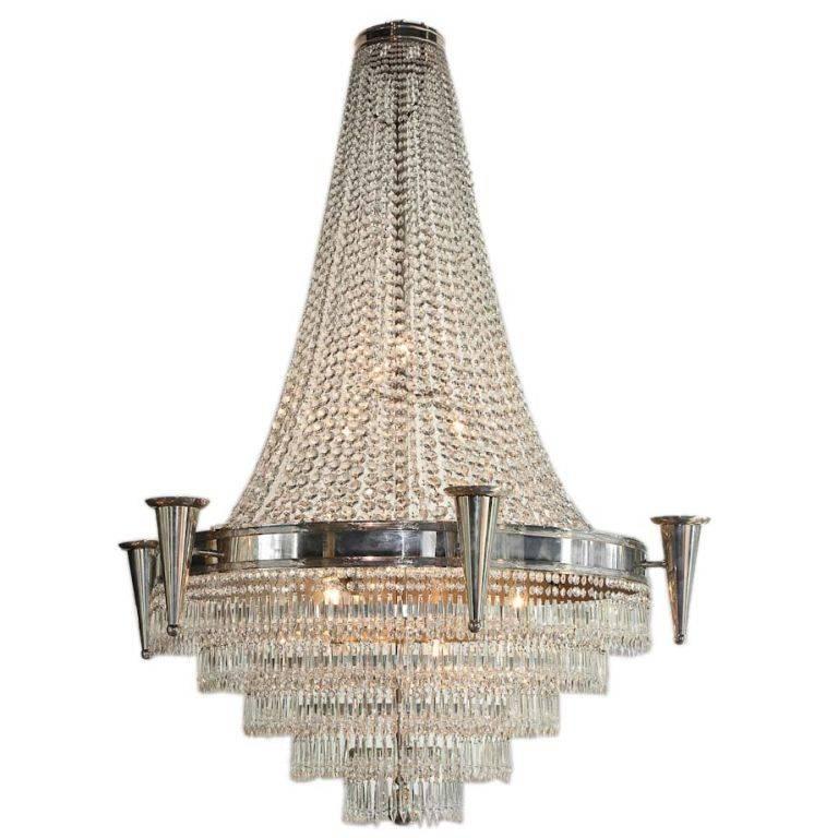 Glass and Nickel-Plated Art Deco Chandelier, circa 1930 For Sale