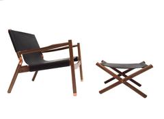 Erickson Aesthetics Slung Black Calf Leather Walnut Lounge Chair