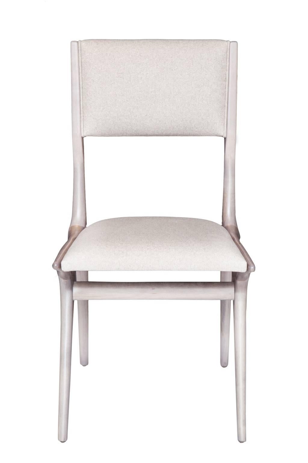 Set of ten Boone dining chairs.
Maple dining chair in grey bleached finish.
Seat height 18.5”. 
Seat depth 16”. 
COM requirements: 1.5 yards. 
5% up-charge for contrasting fabrics and or welting. 
COL Requirements:30 sq. feet. 
5% percentage