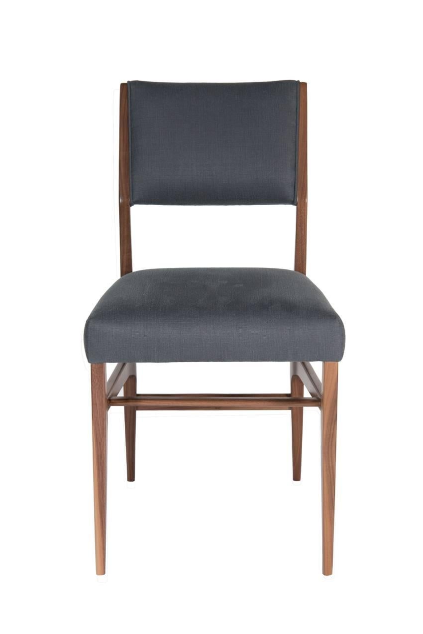 Walnut dining chair upholstered in a natural cotton fabric.

Measures: Seat height 19” 
Seat depth 17” 
COM requirements: 1.5 yards 
5% up-charge for contrasting fabrics and or welting 
COL Requirements: 30 sq. feet 
5% percentage up-charge