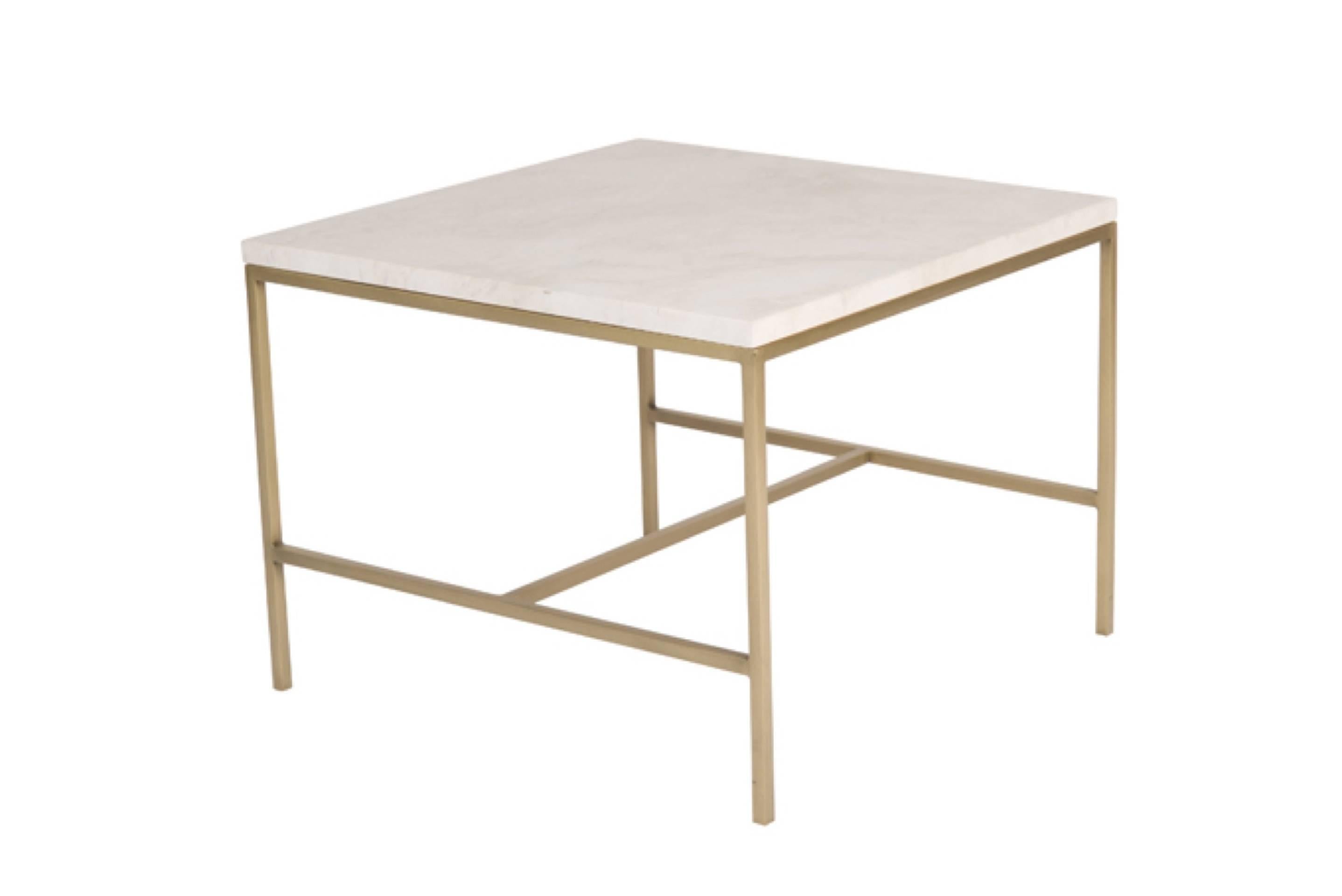 Brass frame H-base travertine top side table. Half inch square stock satin brass frame supports natural honed travertine top.

Custom orders have a lead time of 10-12 weeks FOB NYC. Lead time contingent upon selection of finishes, approval of shop