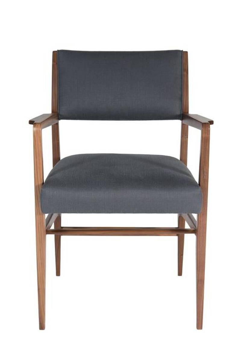 Walnut dining chair upholstered in a natural cotton fabric.

Measures: Seat height 19” 
Seat depth 17” 
COM requirements: 1.5 yards 
5% up-charge for contrasting fabrics and or welting 
COL Requirements:30 sq. feet 
5% percentage up-charge