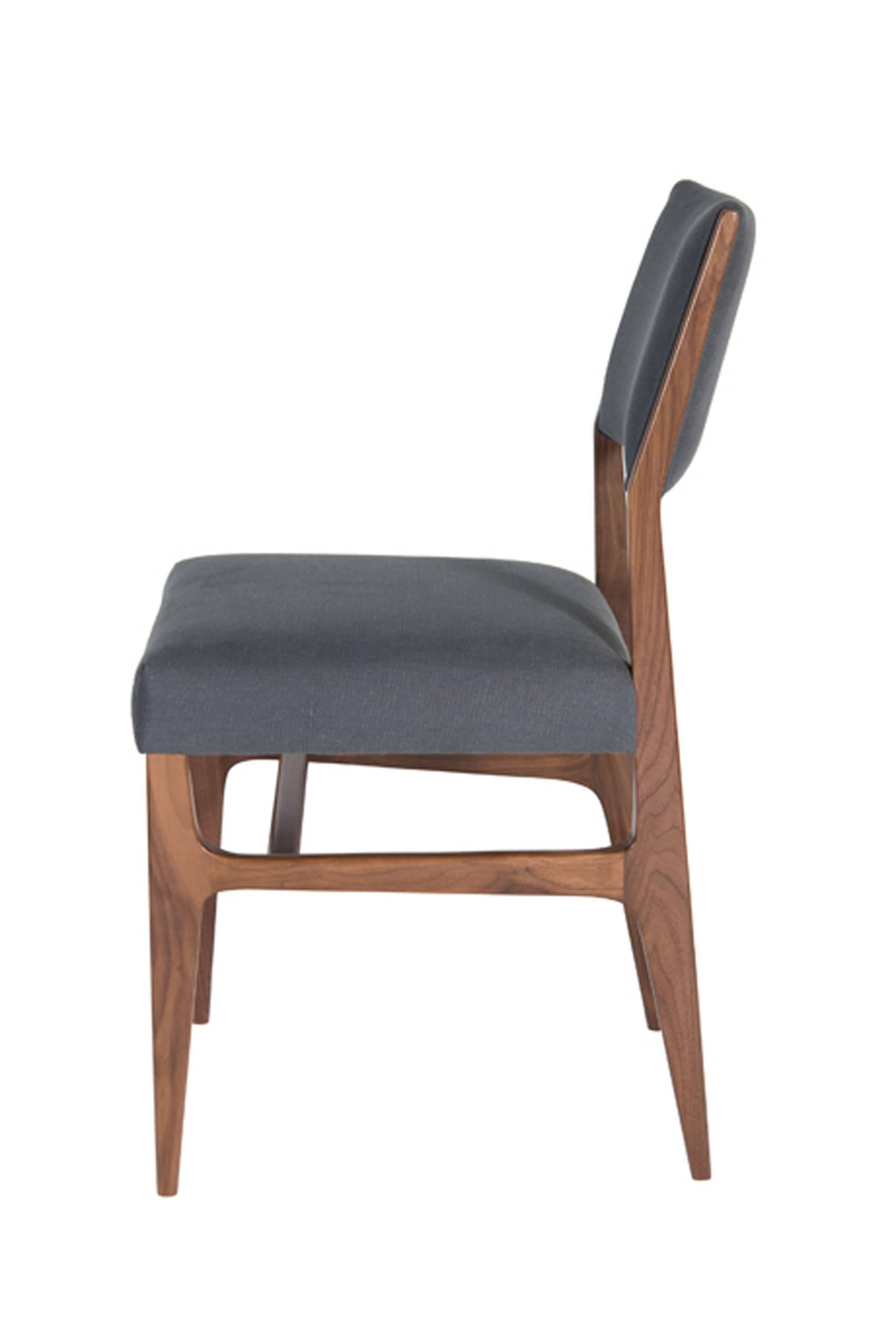 Walnut dining chair upholstered in a natural cotton fabric.

Measures: Seat height 19” 
Seat depth 17” 
COM requirements: 1.5 yards 
5% up-charge for contrasting fabrics and or welting 
COL Requirements:30 sq. feet 
5% percentage up-charge