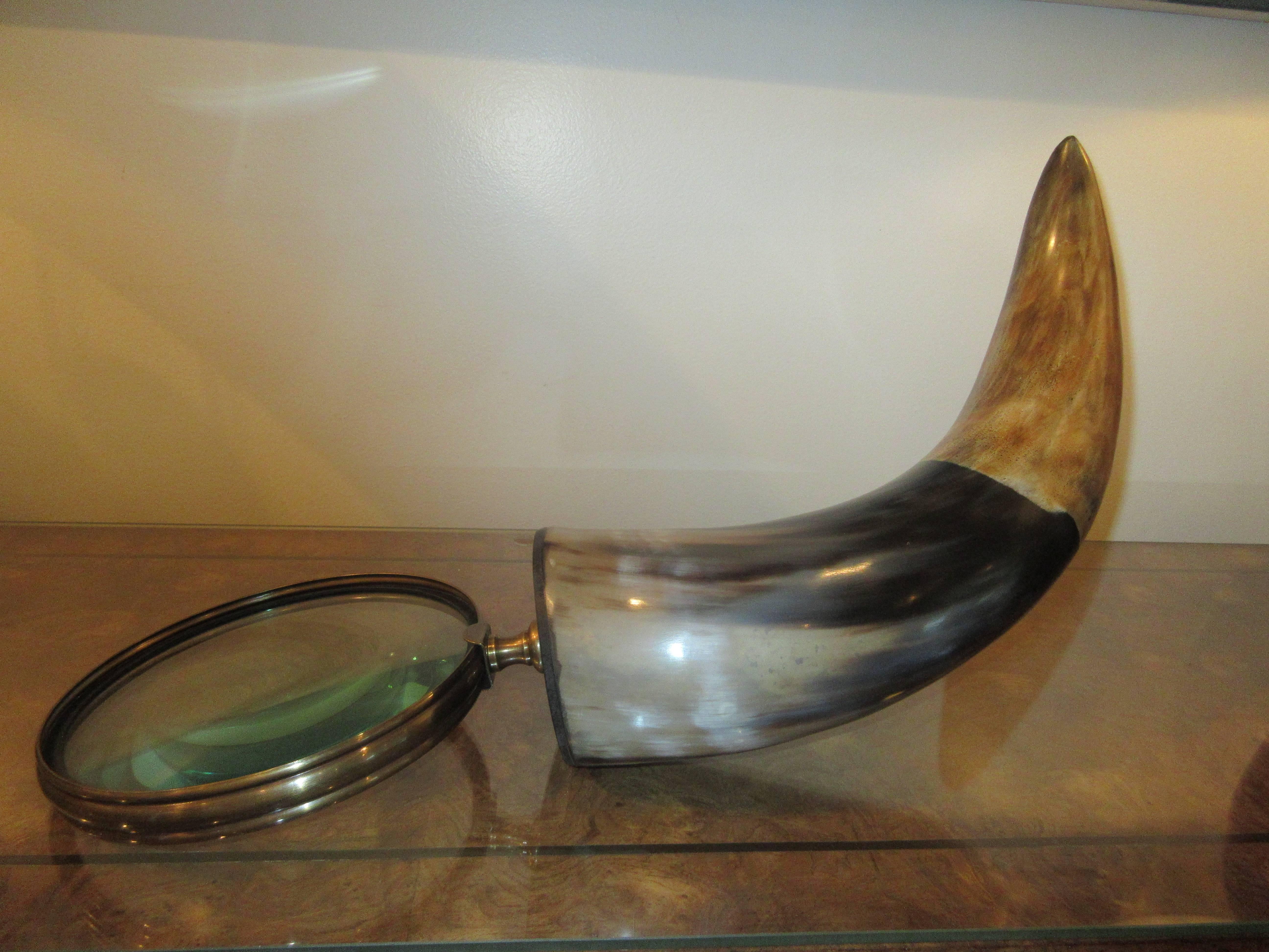 A massive steer Horn magnifying glass with brass trim.