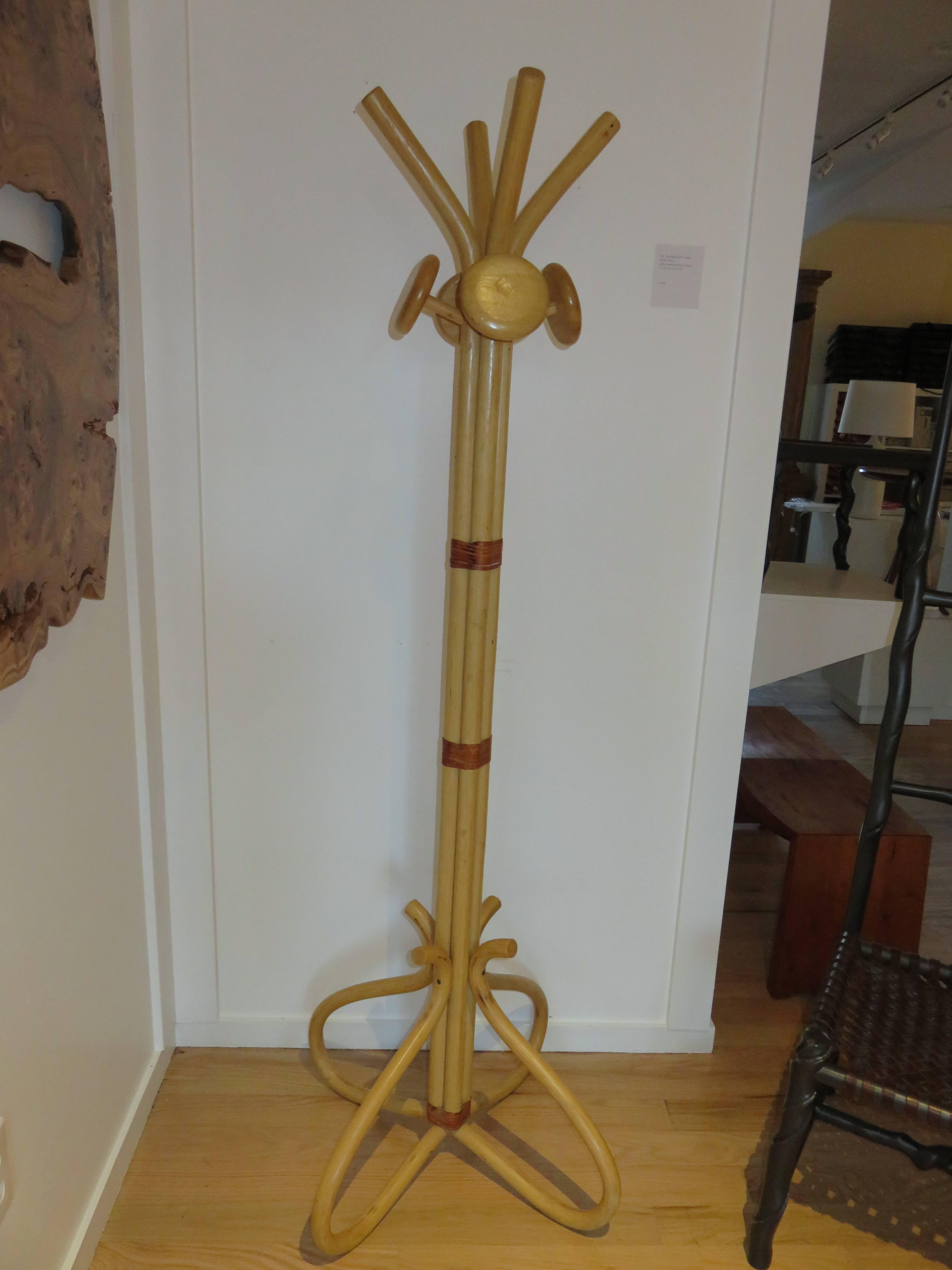 Modern Mid-Century Bamboo and Leather Hall Tree/Coat Stand