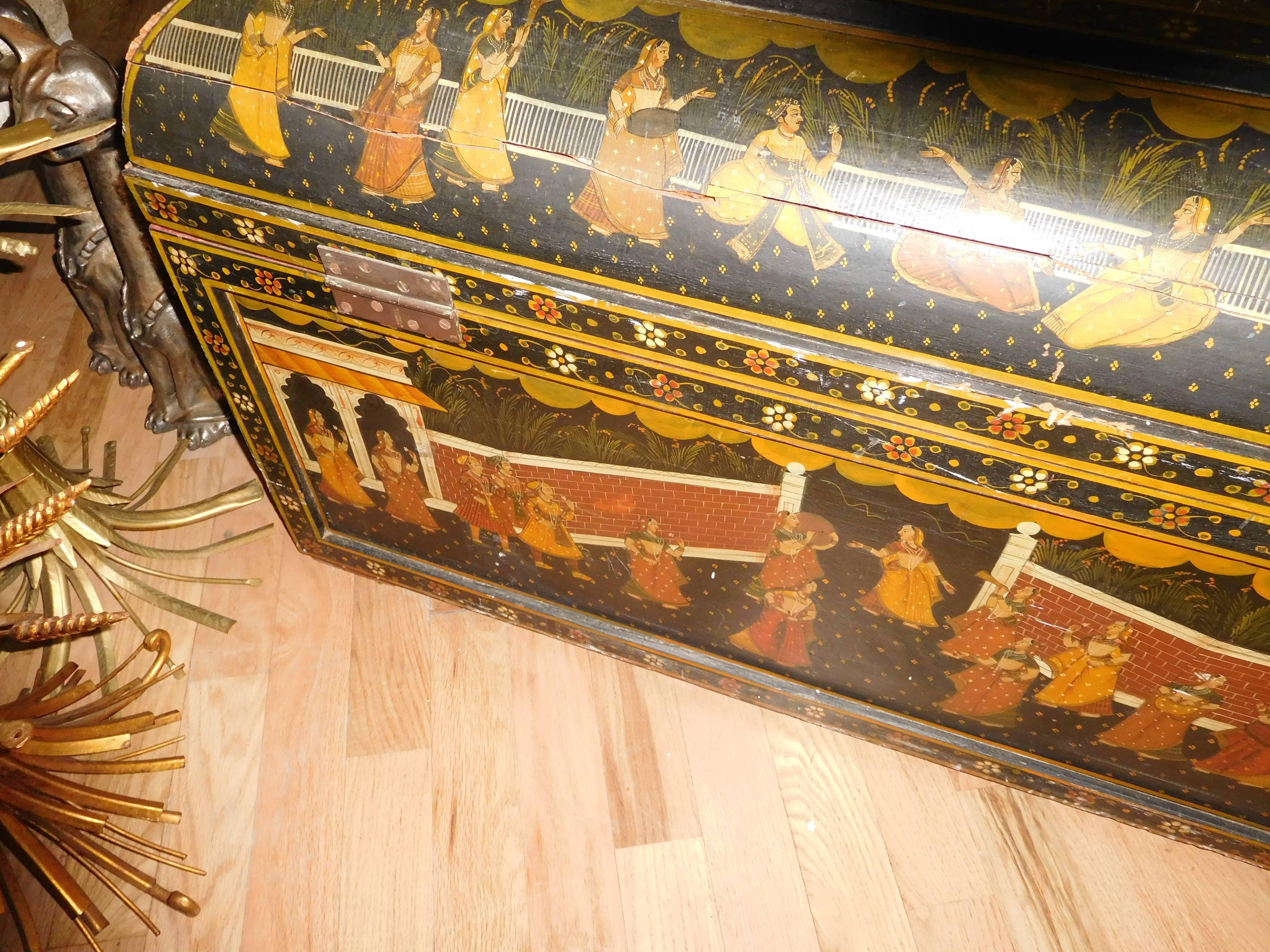 Hand-Painted Large 19th Century Indian Hand Decorated Dome-Top Trunk or Coffee Table