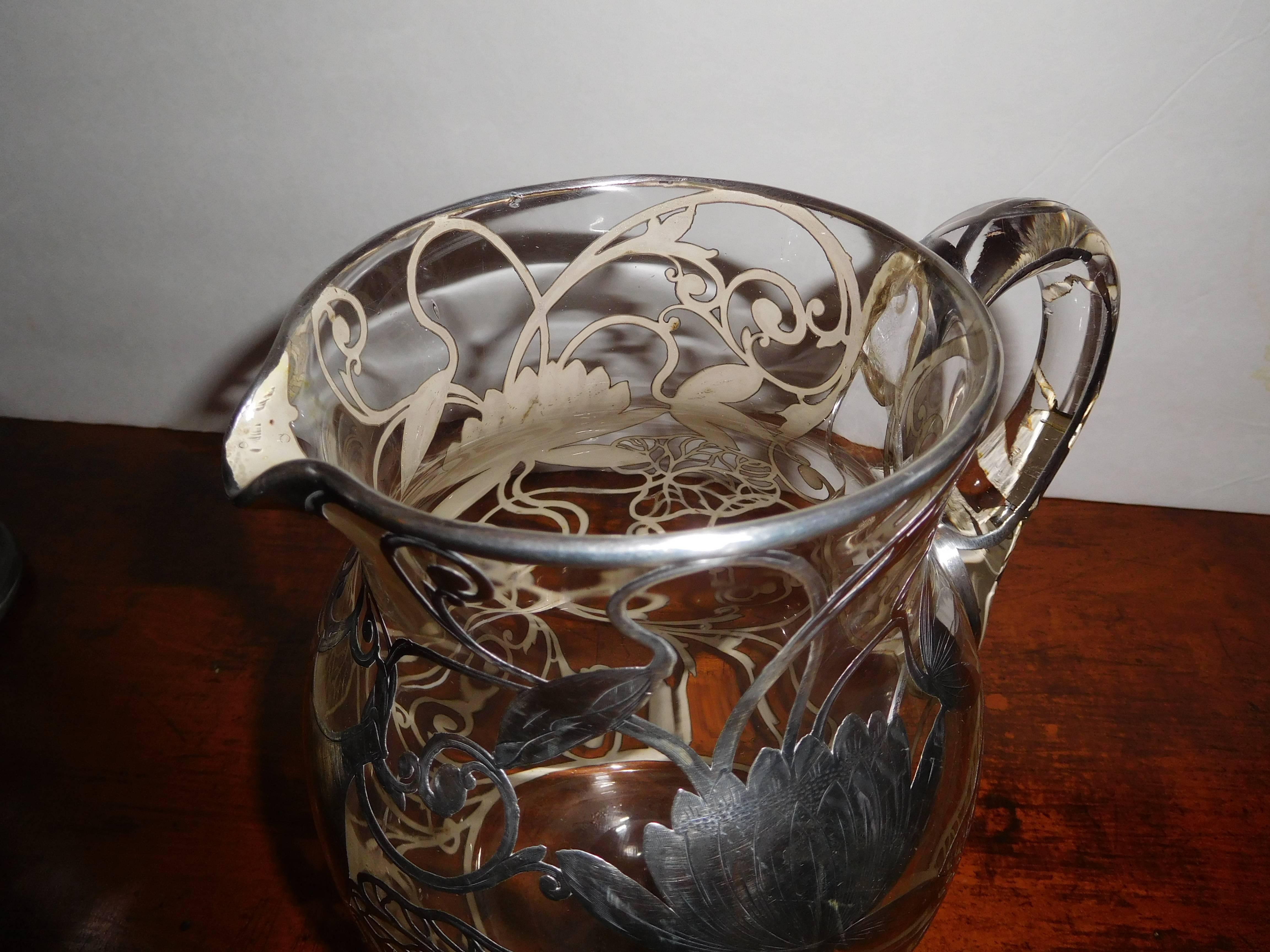 Pressed French Art Nouveau Sterling Silver Overlay Vase or Pitcher