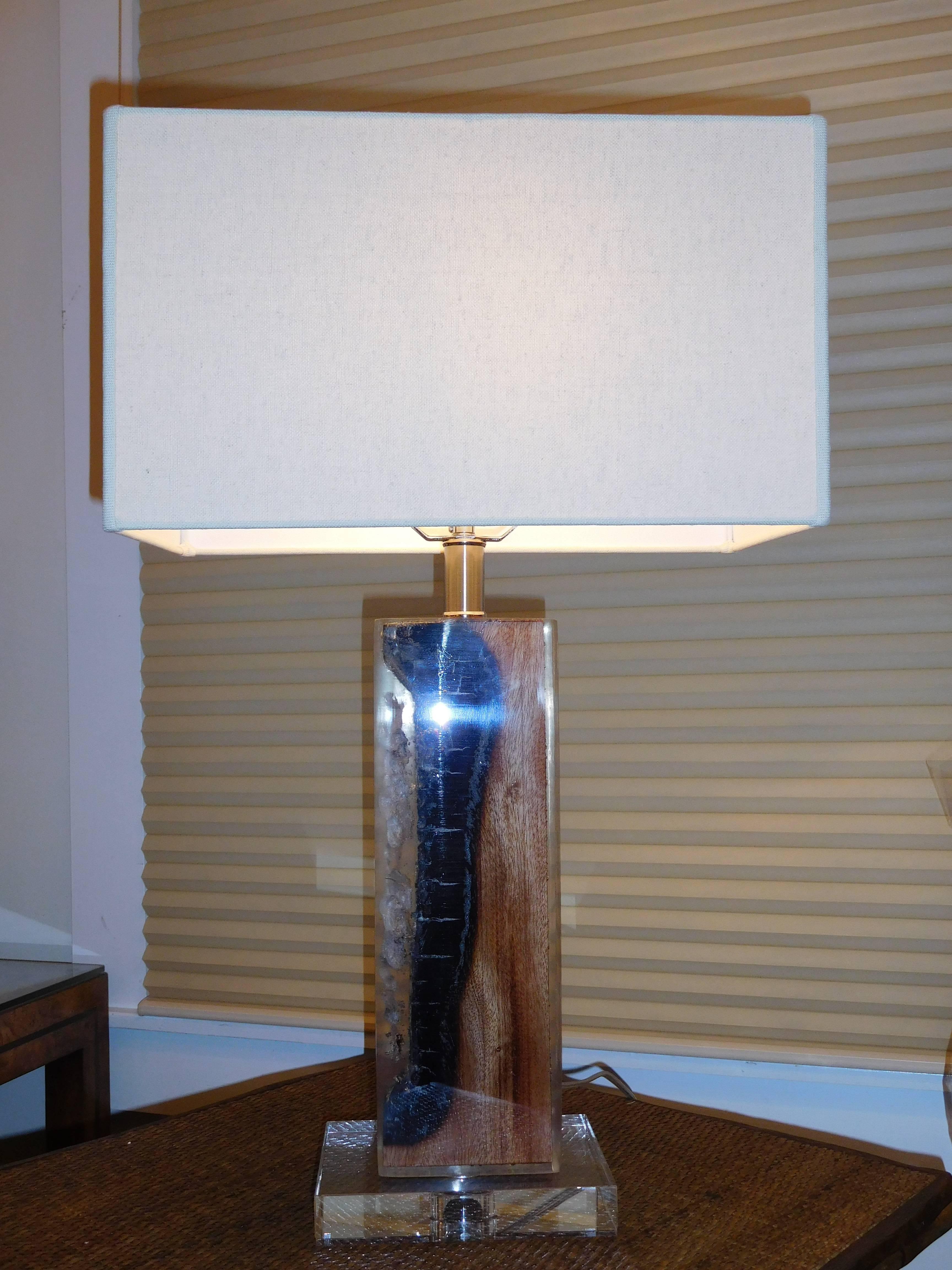 Hand-Crafted Pair of Petrified Wood in Lucite, Table Lamp For Sale