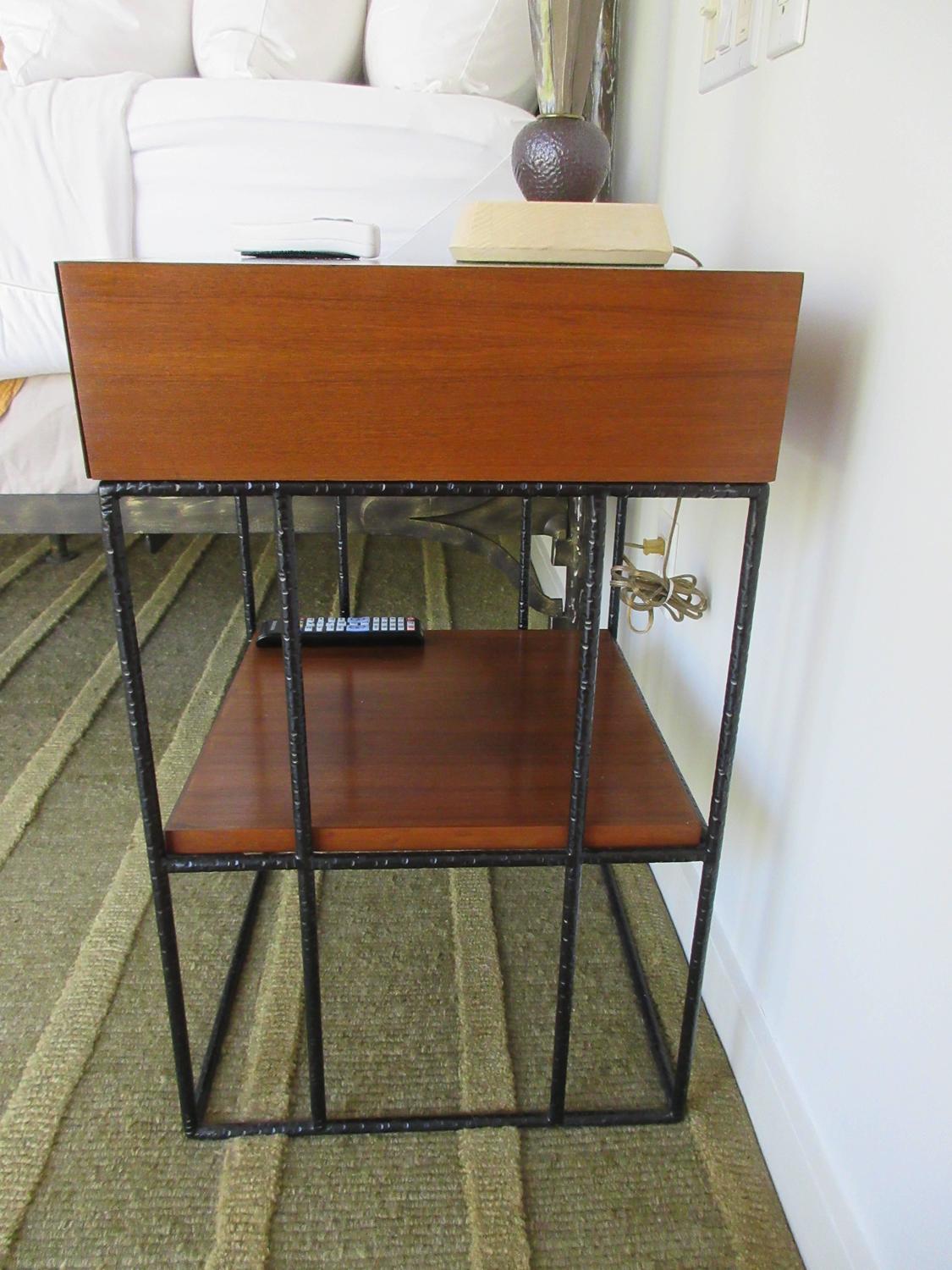 Pair of MidCentury Two Level Maple Wood and Black Iron Nightstands For Sale at 1stdibs