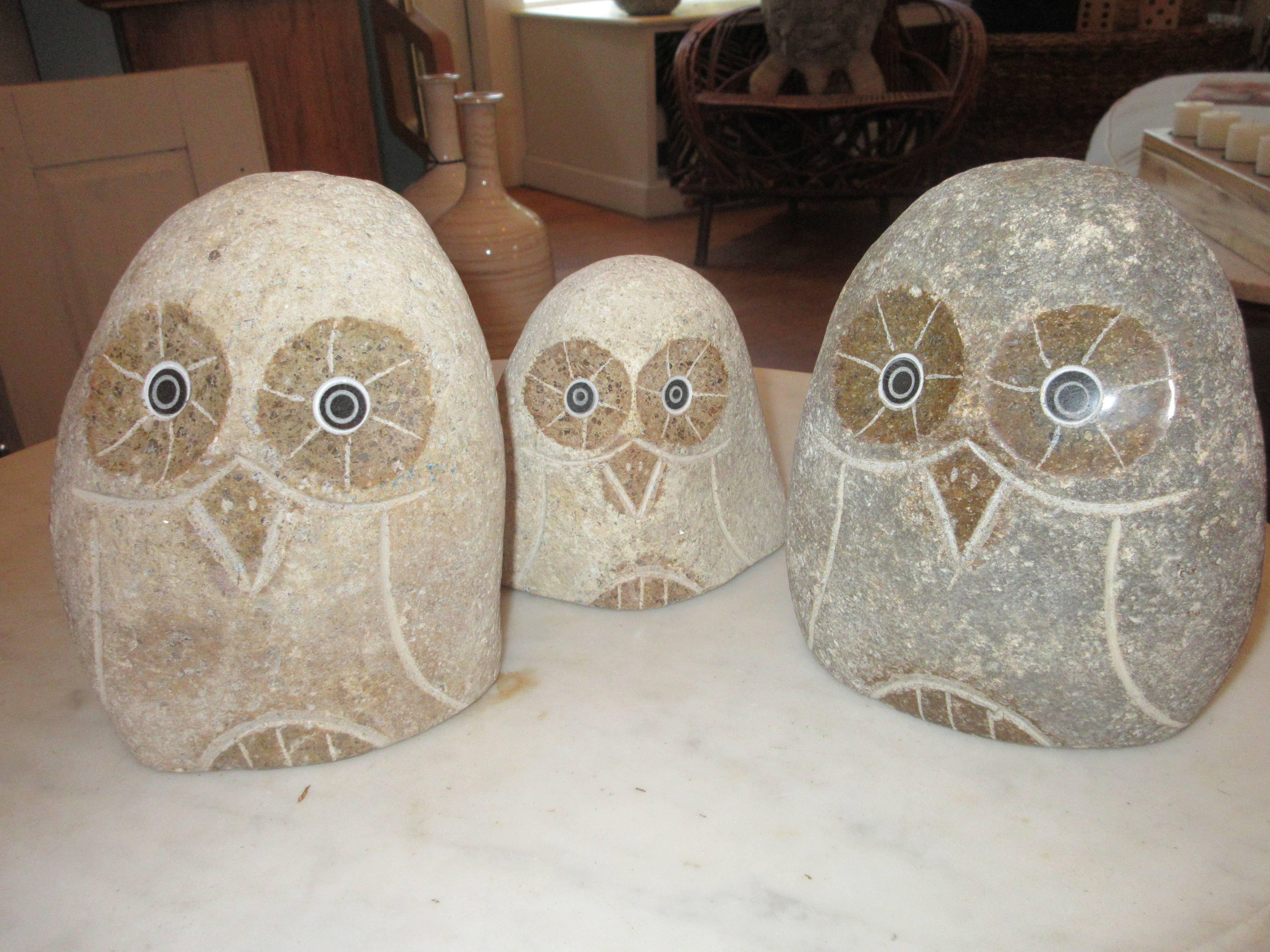 Three studio crafted stone owls. Three sizes and shapes. The largest is 8.5 inches.
The middle size is 6.5 inches and the little one is 4.5 inches. Sold as a family.
 