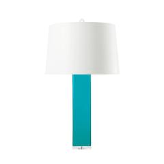 Pair of Tall Turquoise Blue Glass Lamps on Lucite Stands