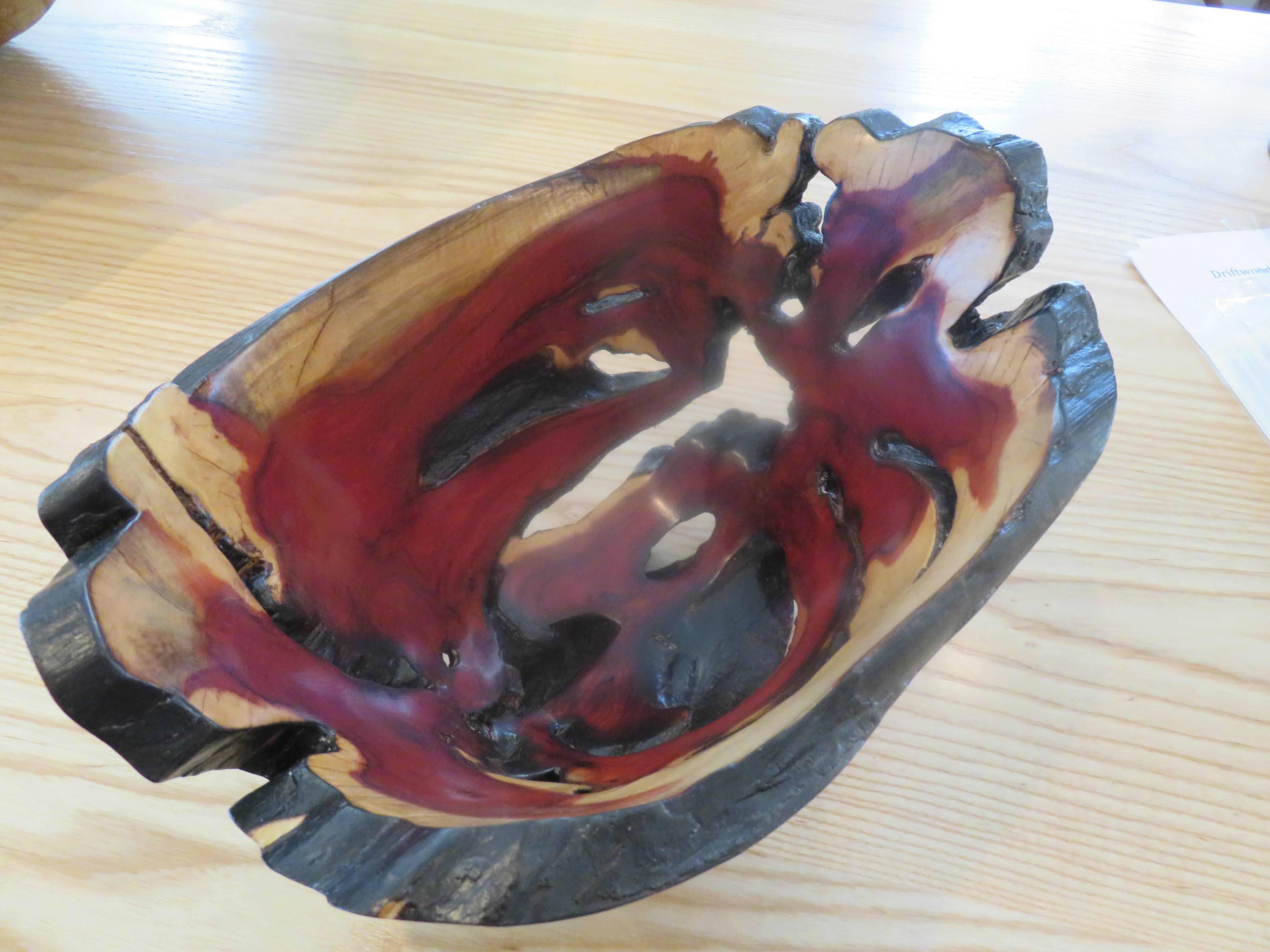 A rare find in this magnificent Brazil wood live edge bowl. Natural to the wood are these deep cranberry reds and light ash tones, superb craftsmanship, three available, all with different forms and tones.