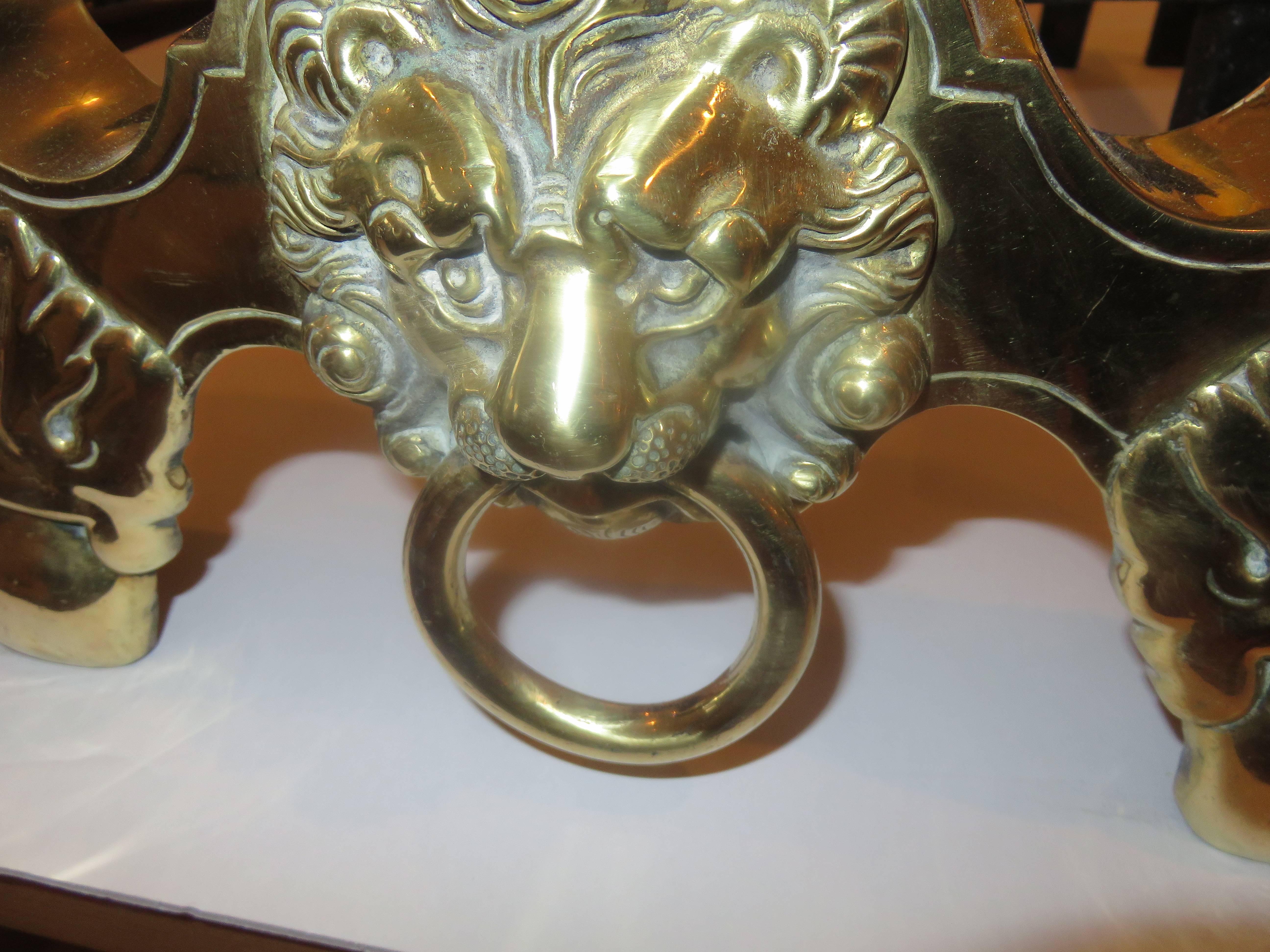 Edwardian Pair of Monumental Late 19th Century English Solid Brass Lion Pull Andirons