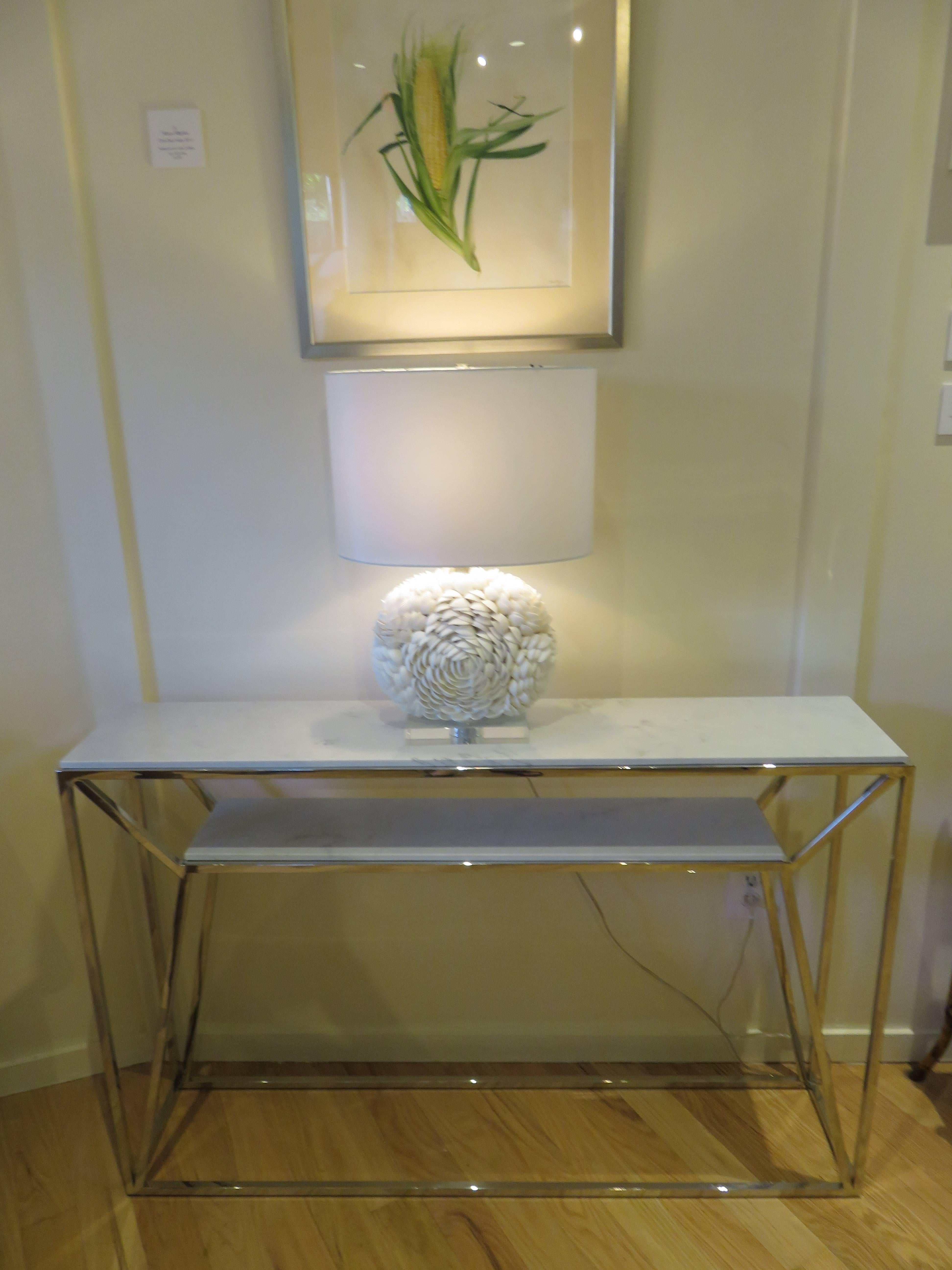 Immaculate slim line polished chrome and Carrara white Mable console table (two available) Marble slots in for maximum stability, perfect condition, fits so many spaces.