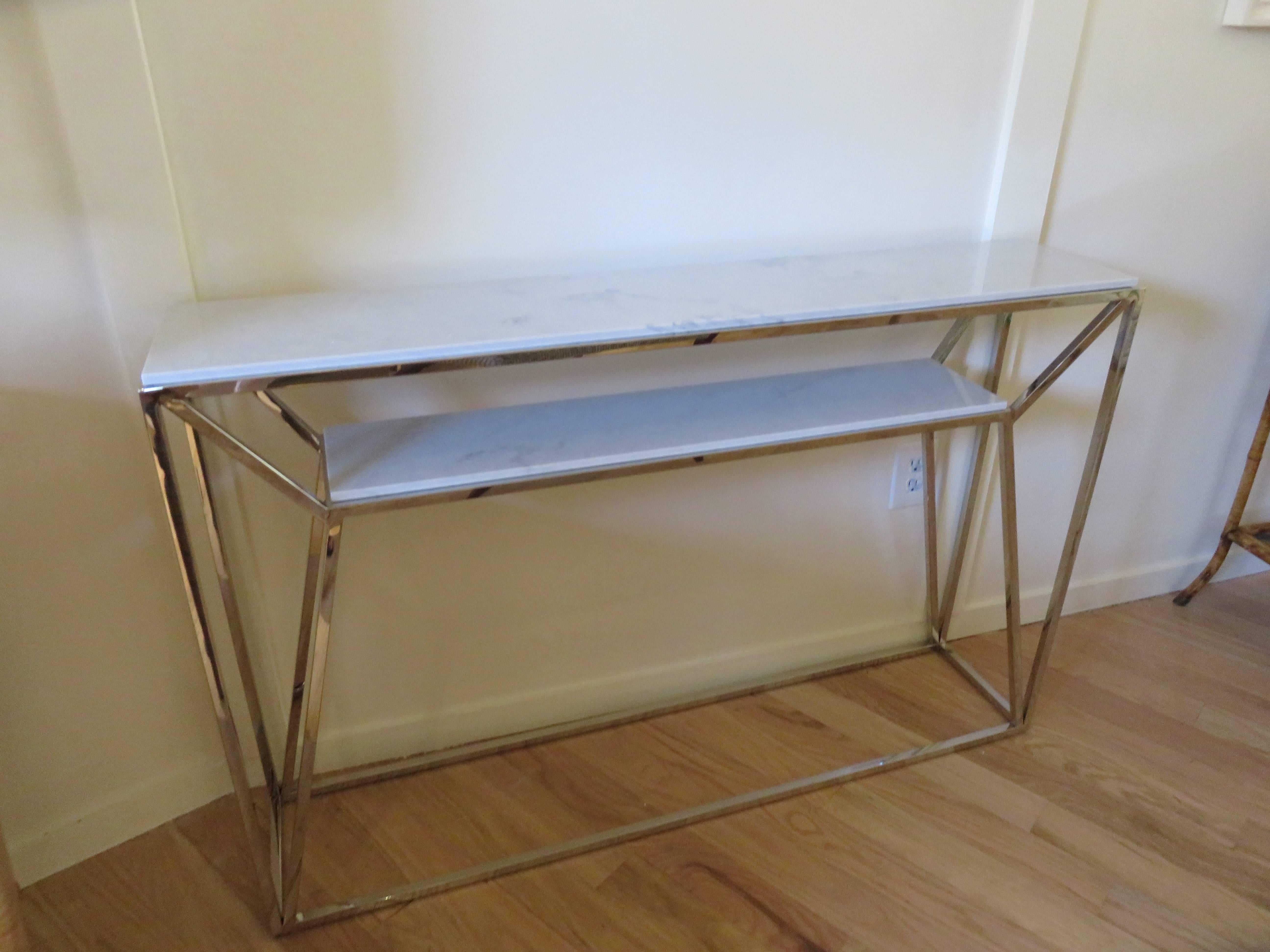 Marble and Chrome Two Level Console Table In Excellent Condition In Bellport, NY