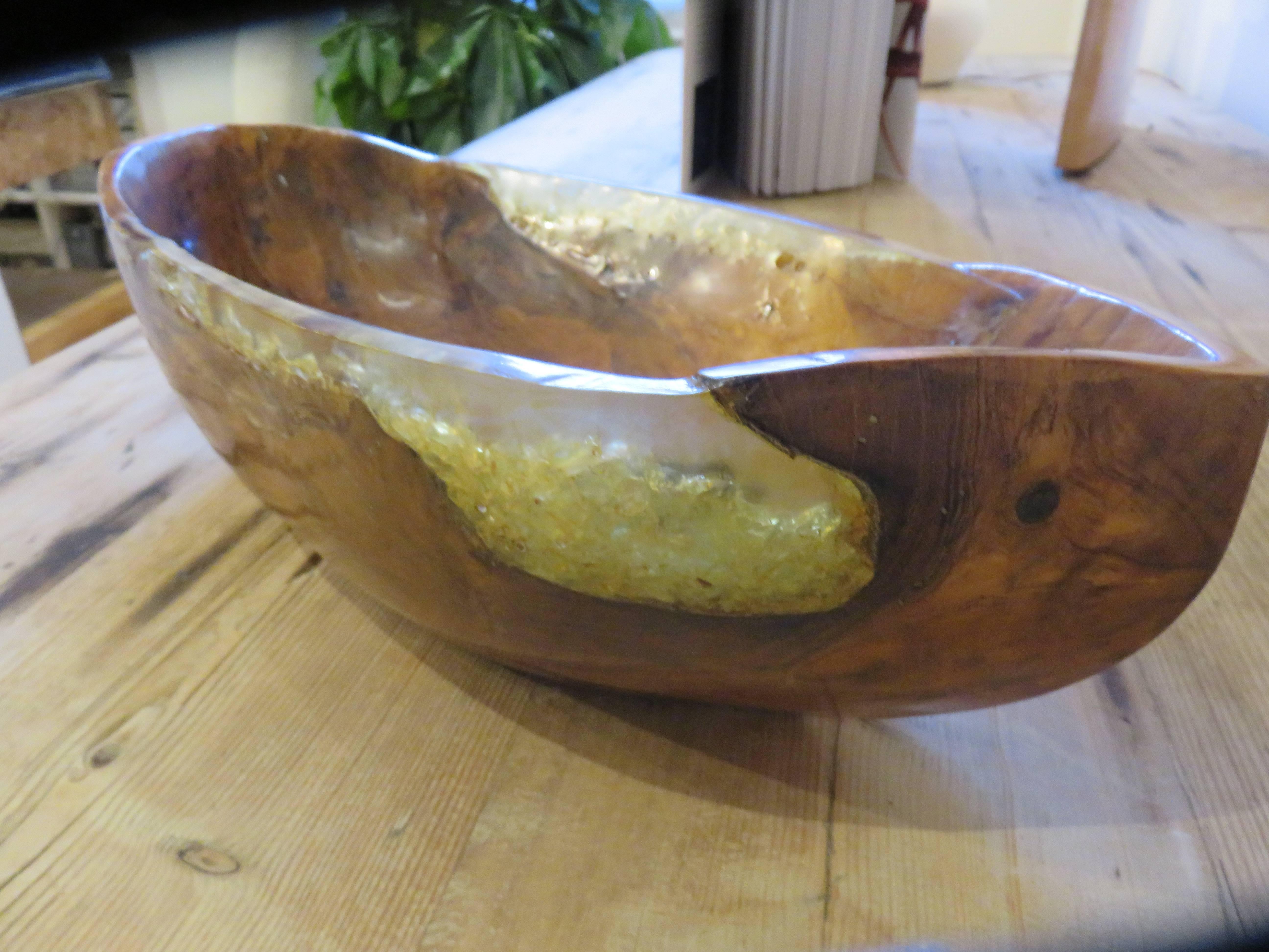 Beautifully crafted olive wood and crystallized resin vessel-bowl by Taylor Povic.