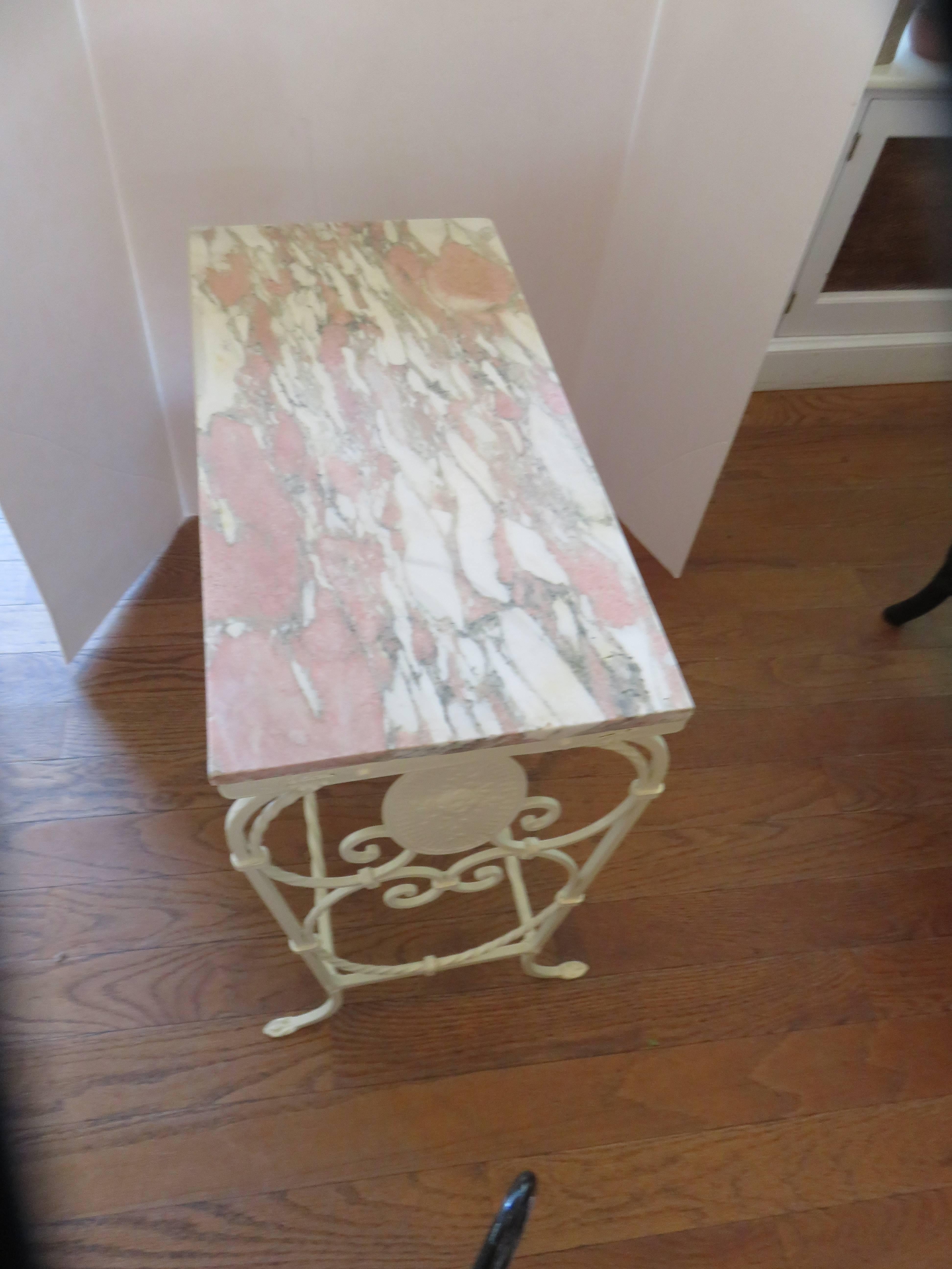 Hand-Crafted 1920s, French Art Nouveau Marble and Decorated Iron Side Table