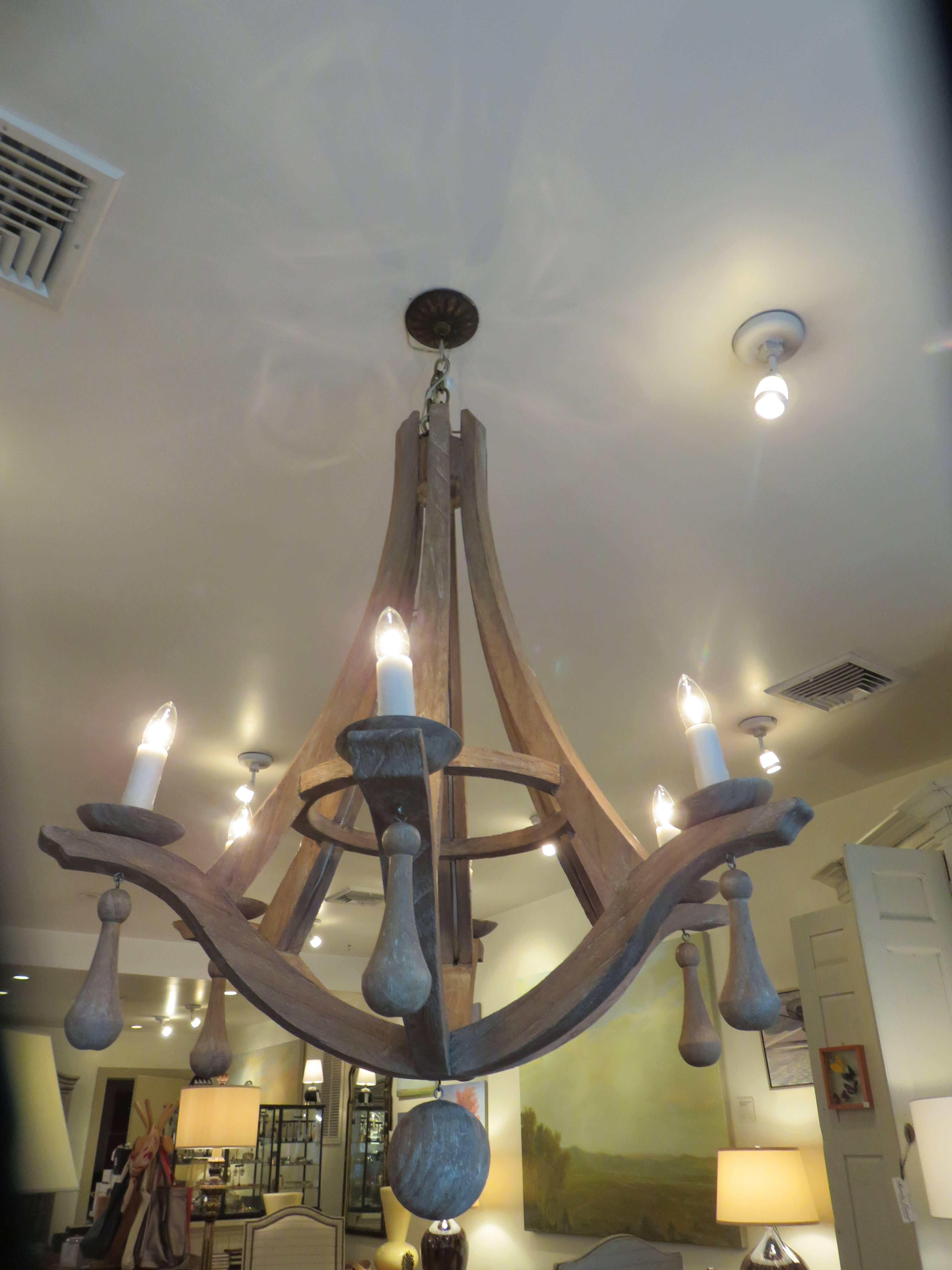 Hand-Crafted Six-Light Gothic Form Reclaimed Wood Chandelier 