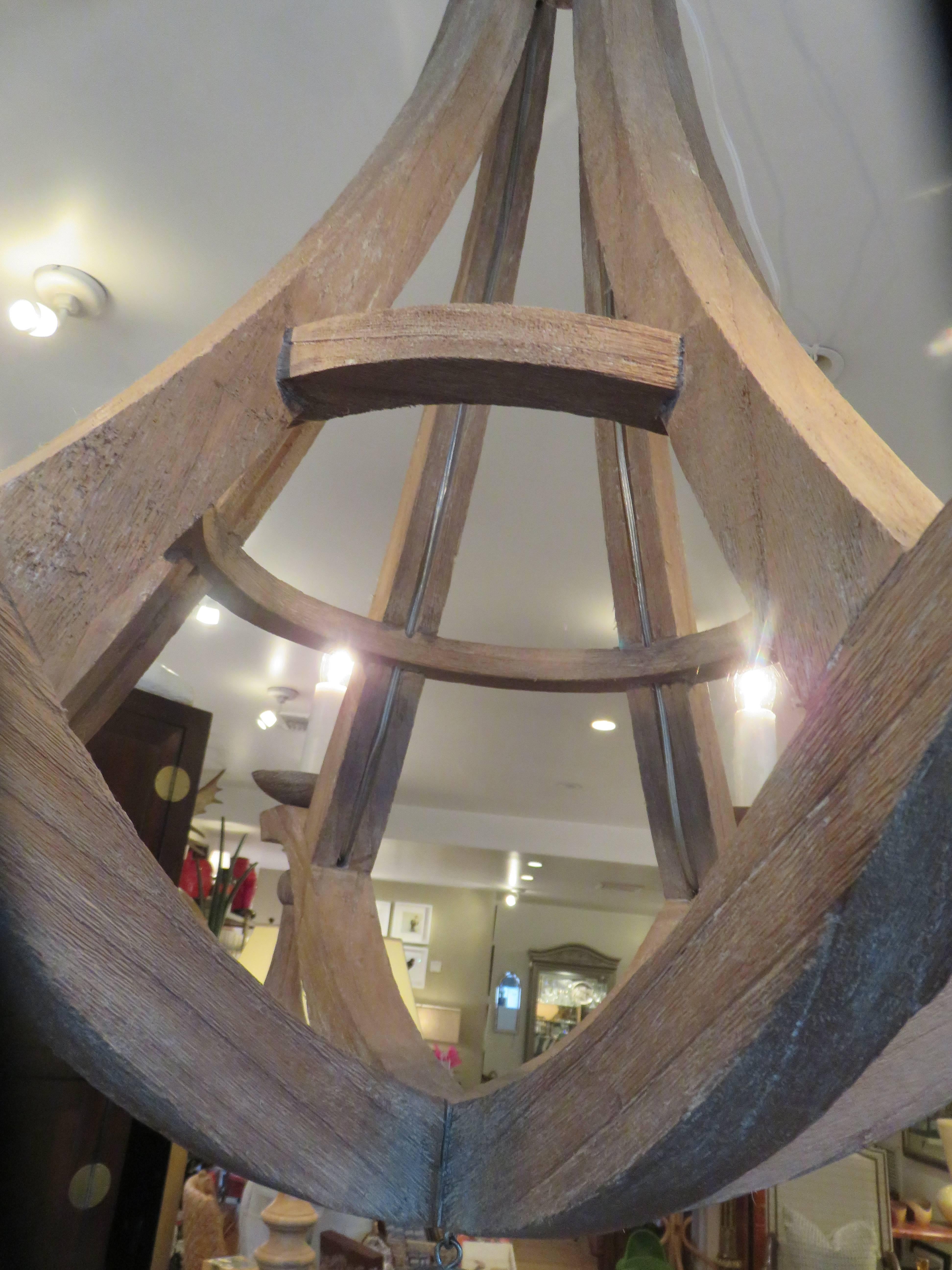 20th Century Six-Light Gothic Form Reclaimed Wood Chandelier 