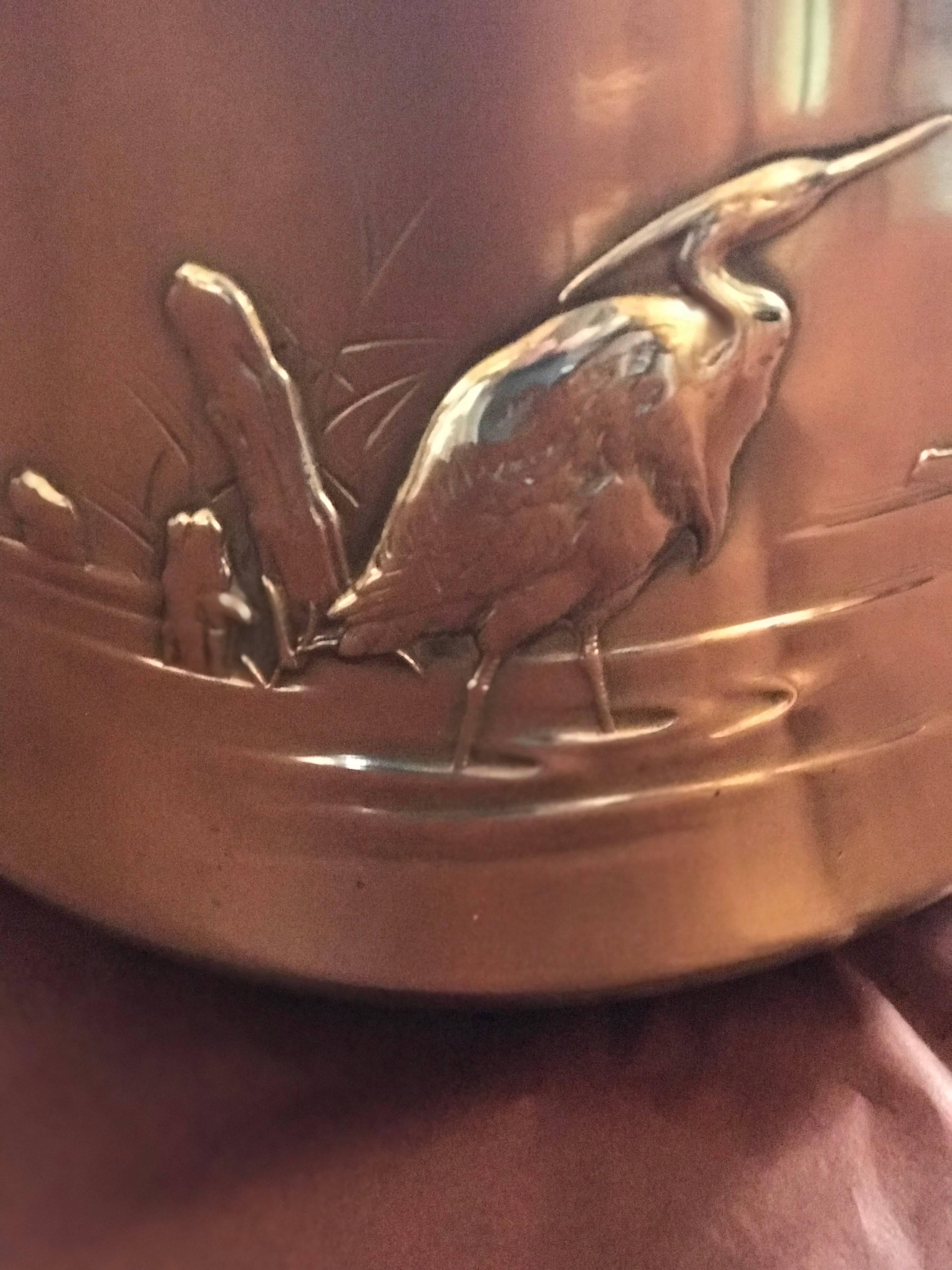 Sculptured  cranes adorn this antique  1890s  polished bronze jardiniere/planter from England,makes a wonderful center piece or planter,all hand crafted
