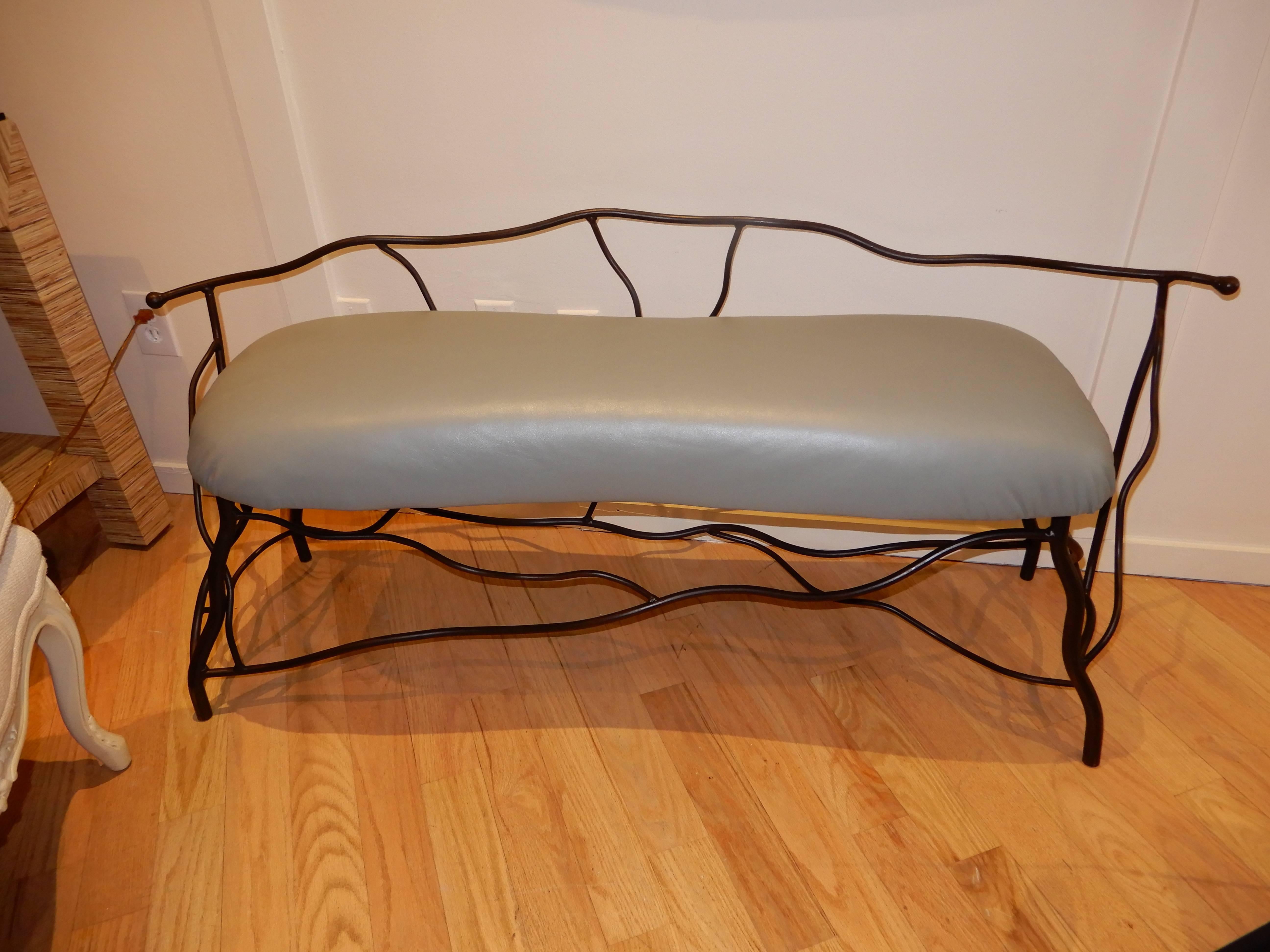 Studio Crafted Giacometti Style Sculptural Iron and Leather Bench 1