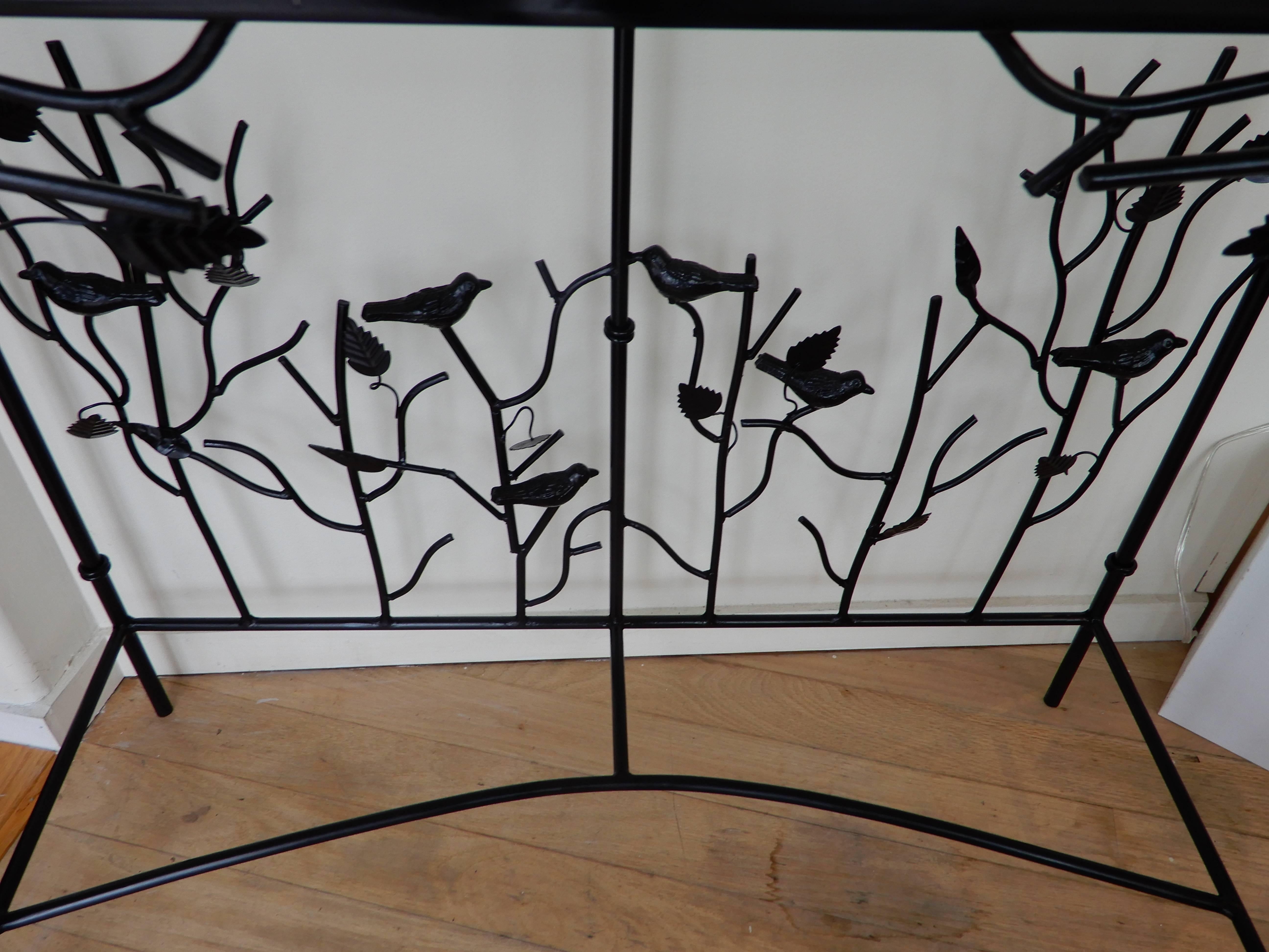 A magnificent sculptural handcrafted Giacometti style console table. Birds,leaves and twigs.
Two available priced per piece.