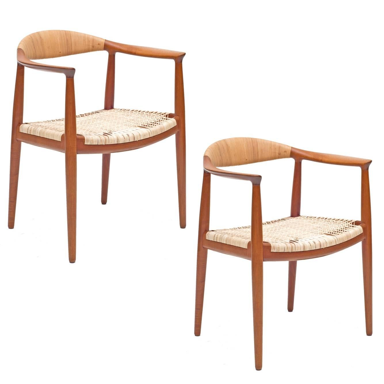 Pair of Hans J. Wegner Woven Cane Teak "The Chairs" for Johannes Hansen