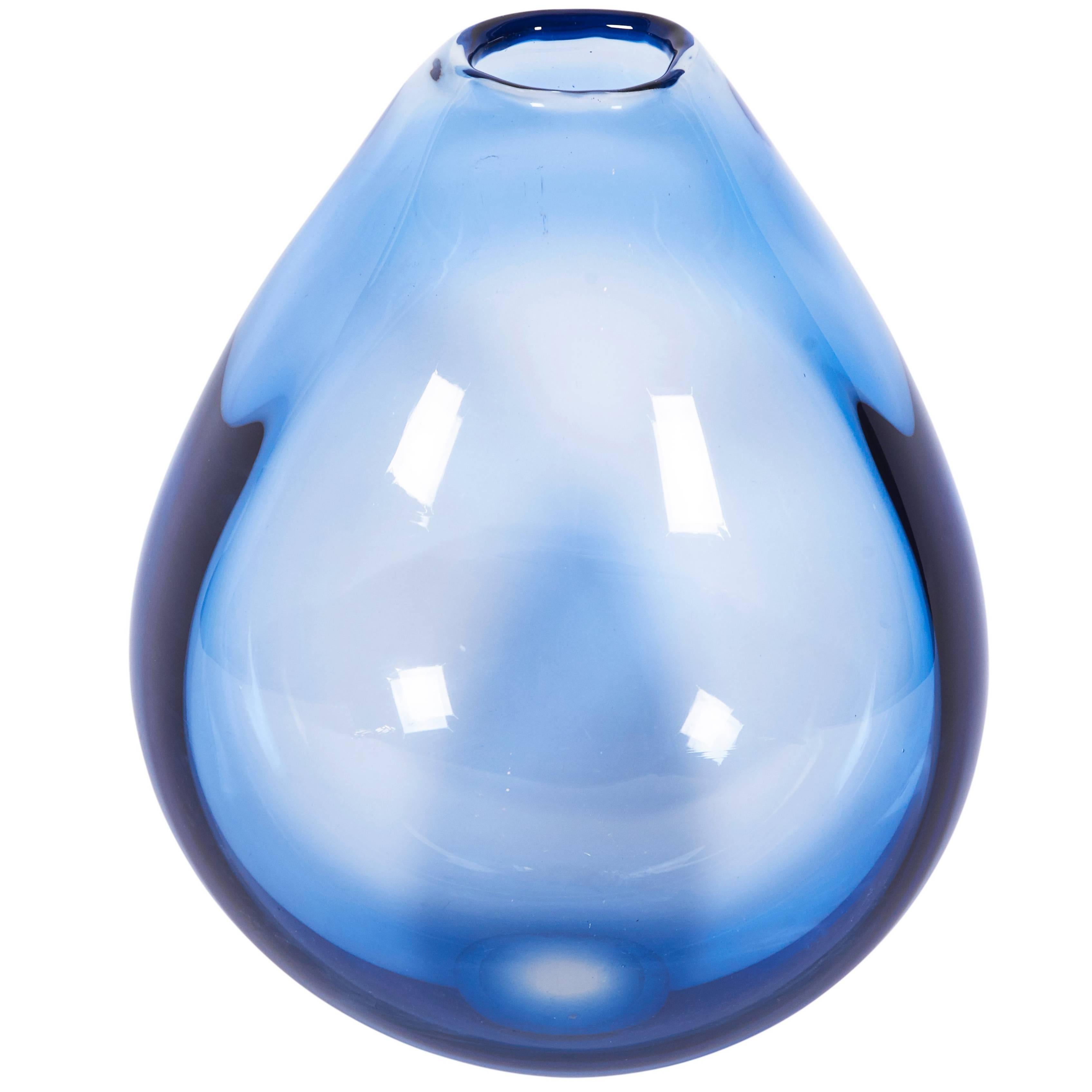 Large Hand Blown Blue Glass Vase by Per Lutken for Holmegaard, Denmark 1960s