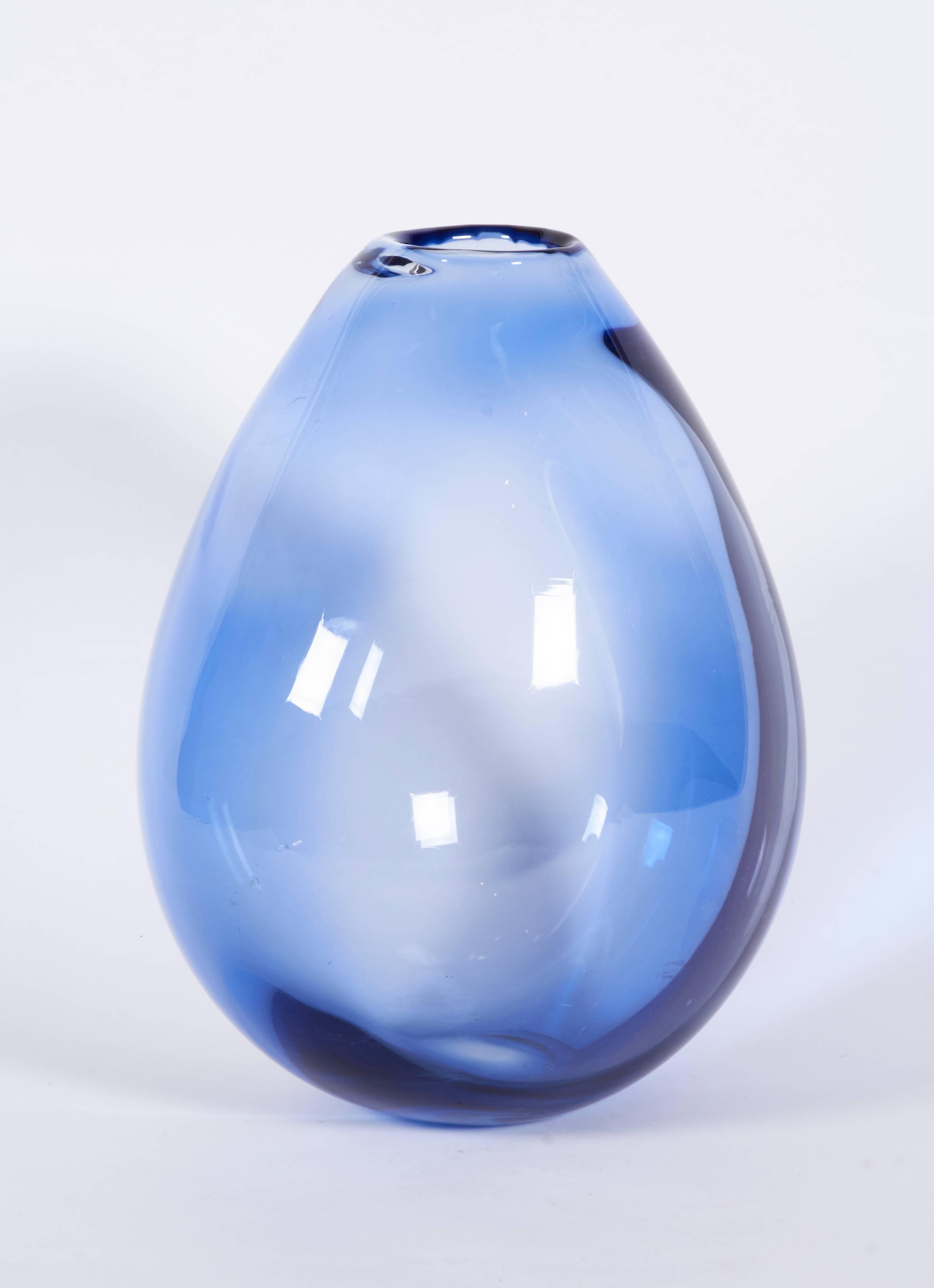 Scandinavian Modern Large Hand Blown Blue Glass Vase by Per Lutken for Holmegaard, Denmark 1960s For Sale