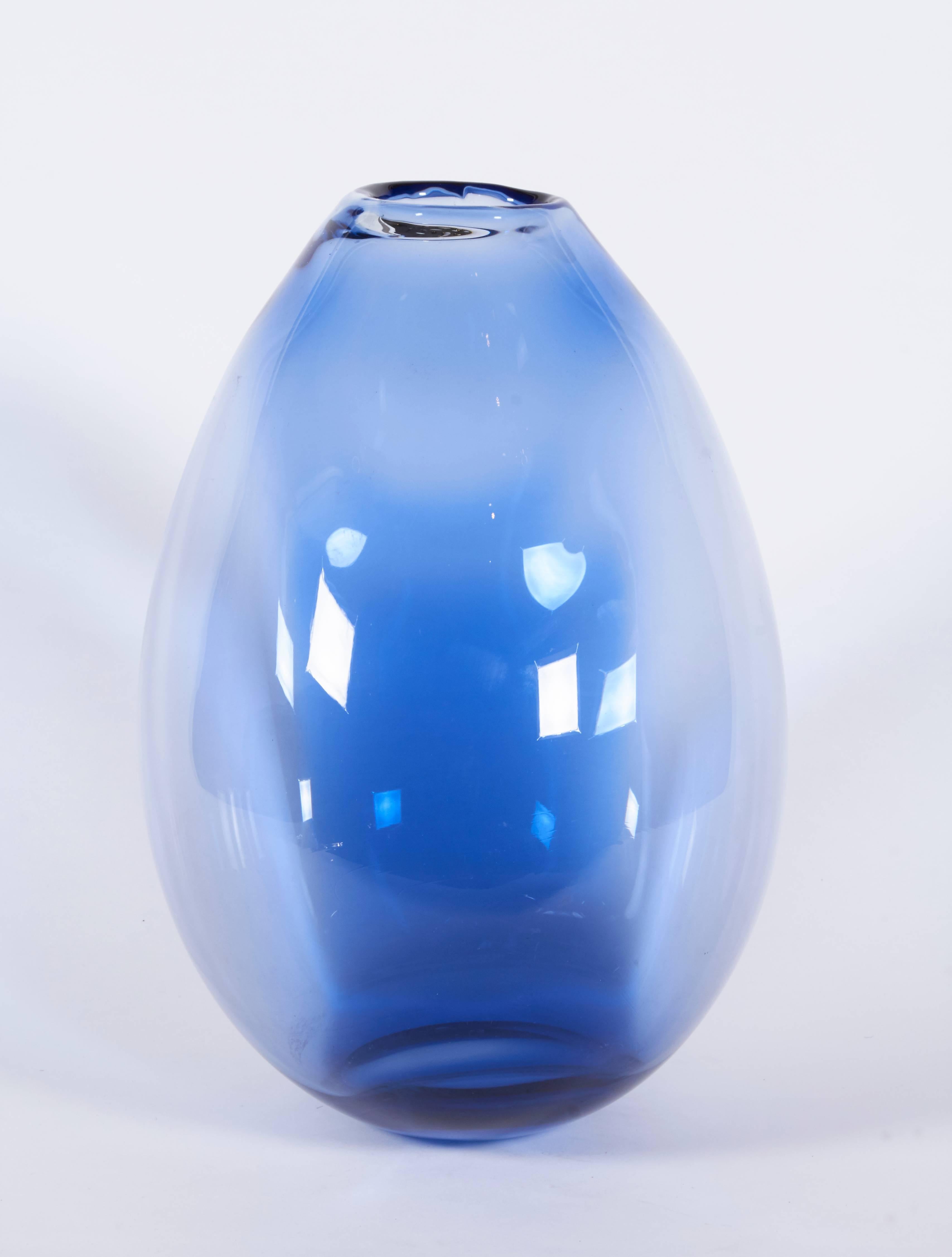Danish Large Hand Blown Blue Glass Vase by Per Lutken for Holmegaard, Denmark 1960s For Sale