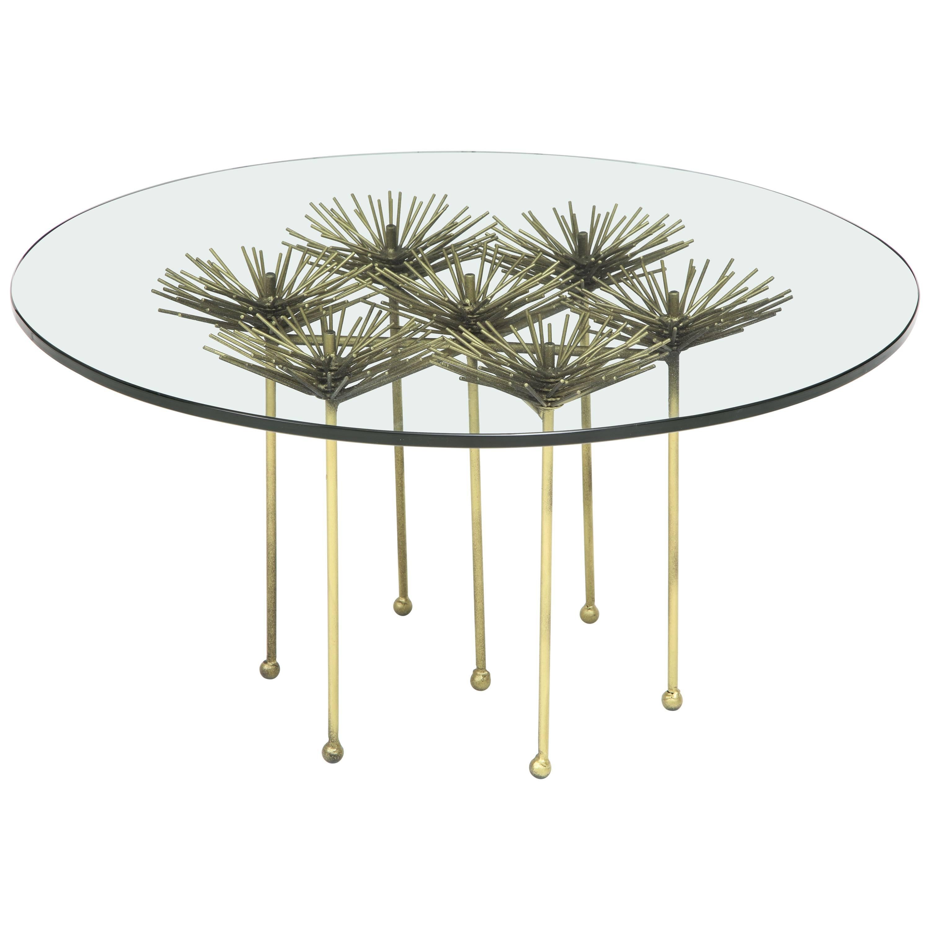 Brutalist Gilt Floral Table with Glass Top by Lost City Arts