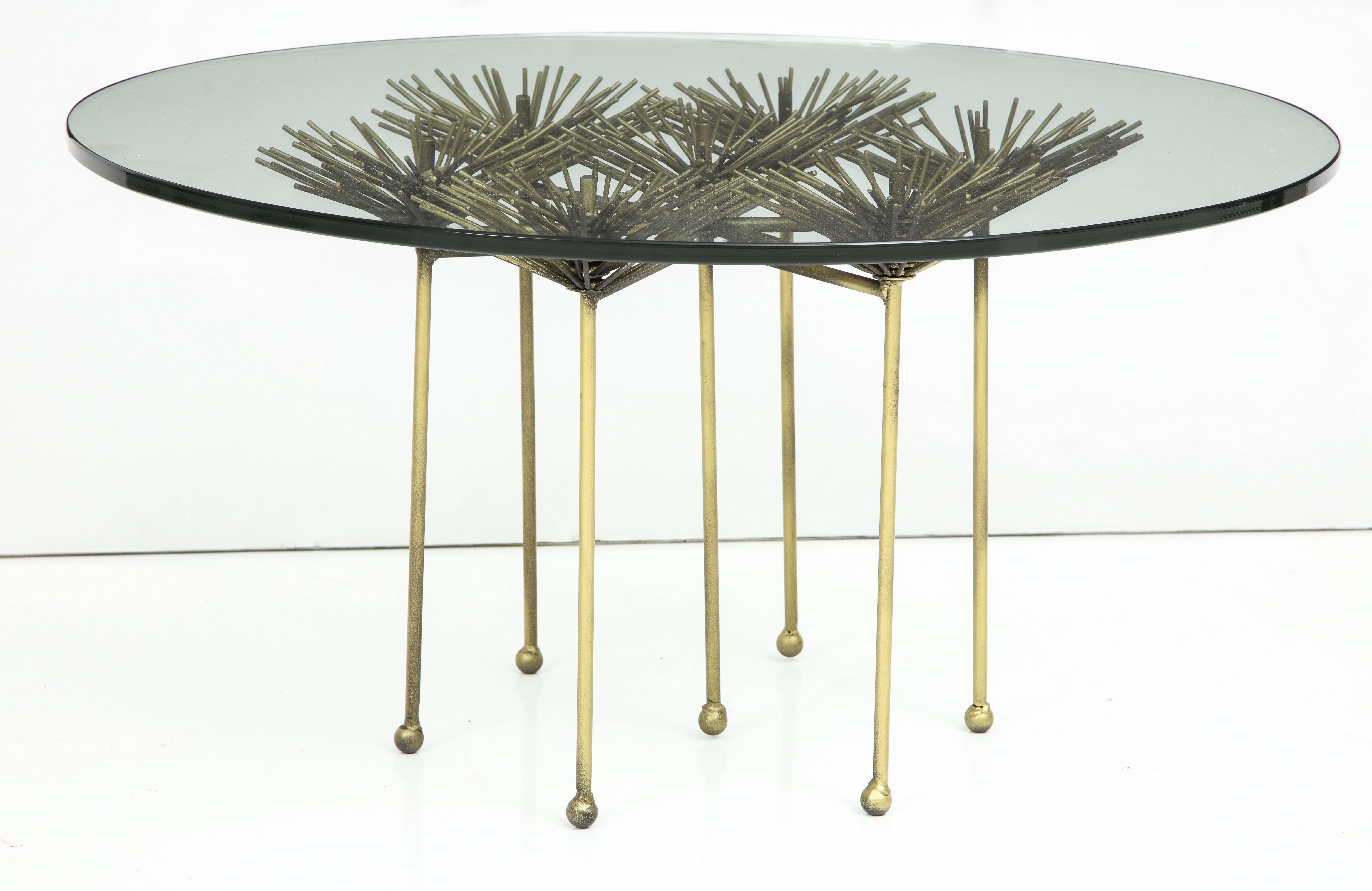 Mid-Century Modern Brutalist Gilt Floral Table with Glass Top by Lost City Arts