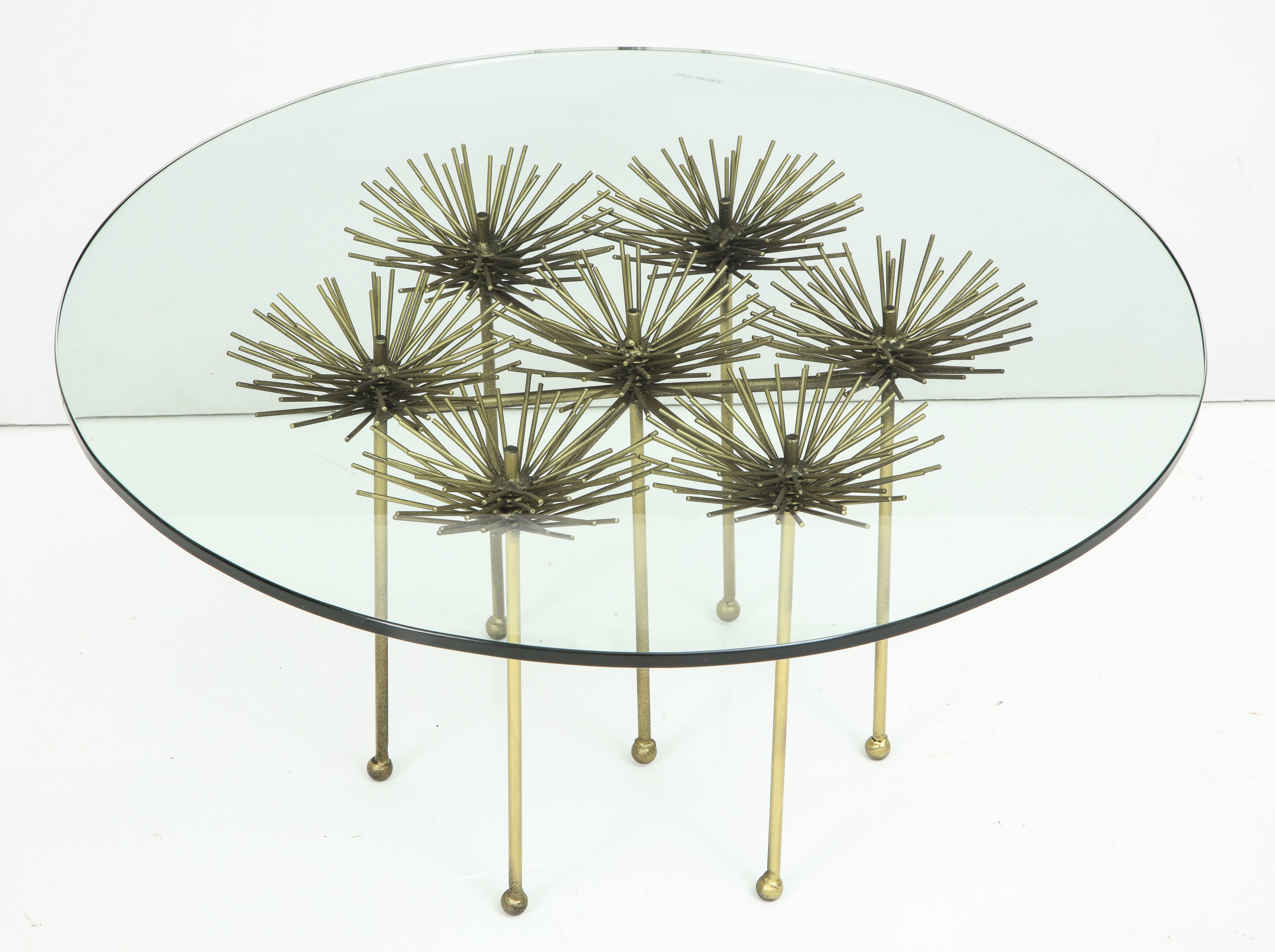 American Brutalist Gilt Floral Table with Glass Top by Lost City Arts