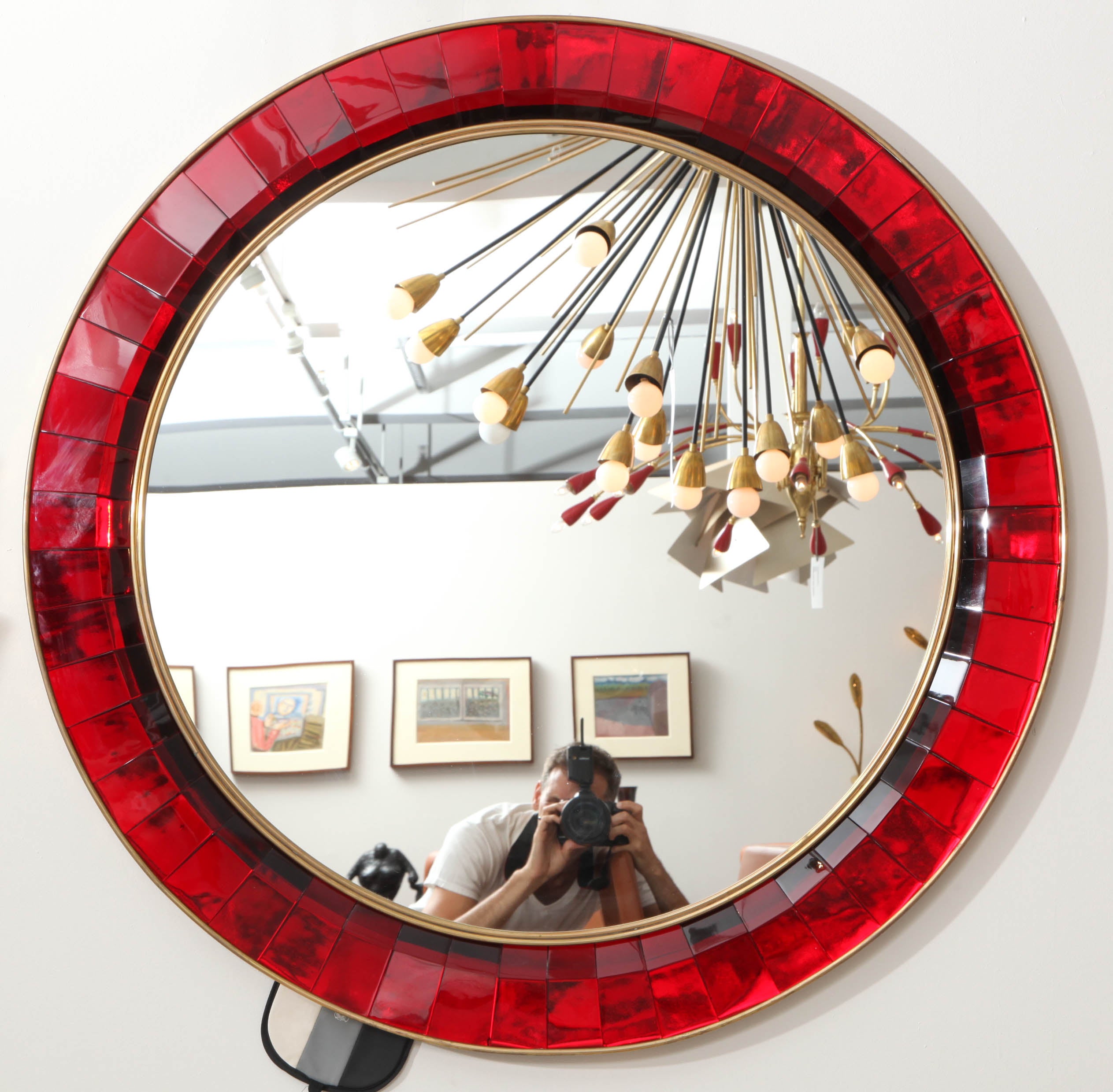 Mirror with Red Hand Cut Crystal Glass by Ghiro