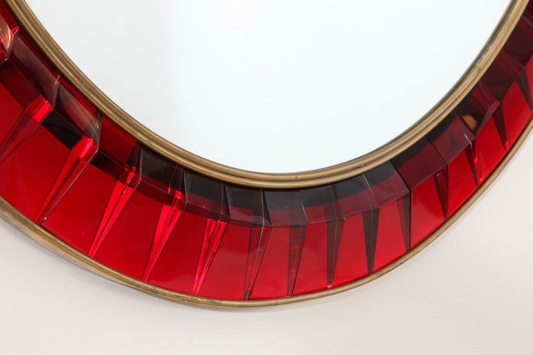 Mirror with Red Hand Cut Crystal Glass by Ghiro In Excellent Condition In New York, NY