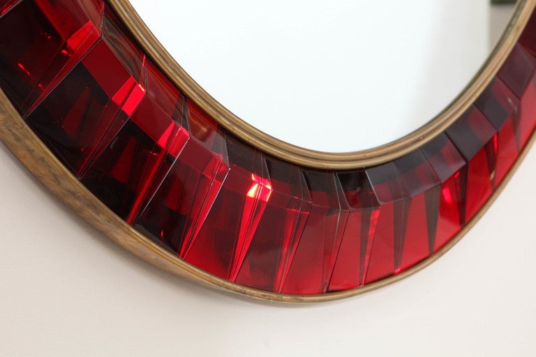 Contemporary Mirror with Red Hand Cut Crystal Glass by Ghiro