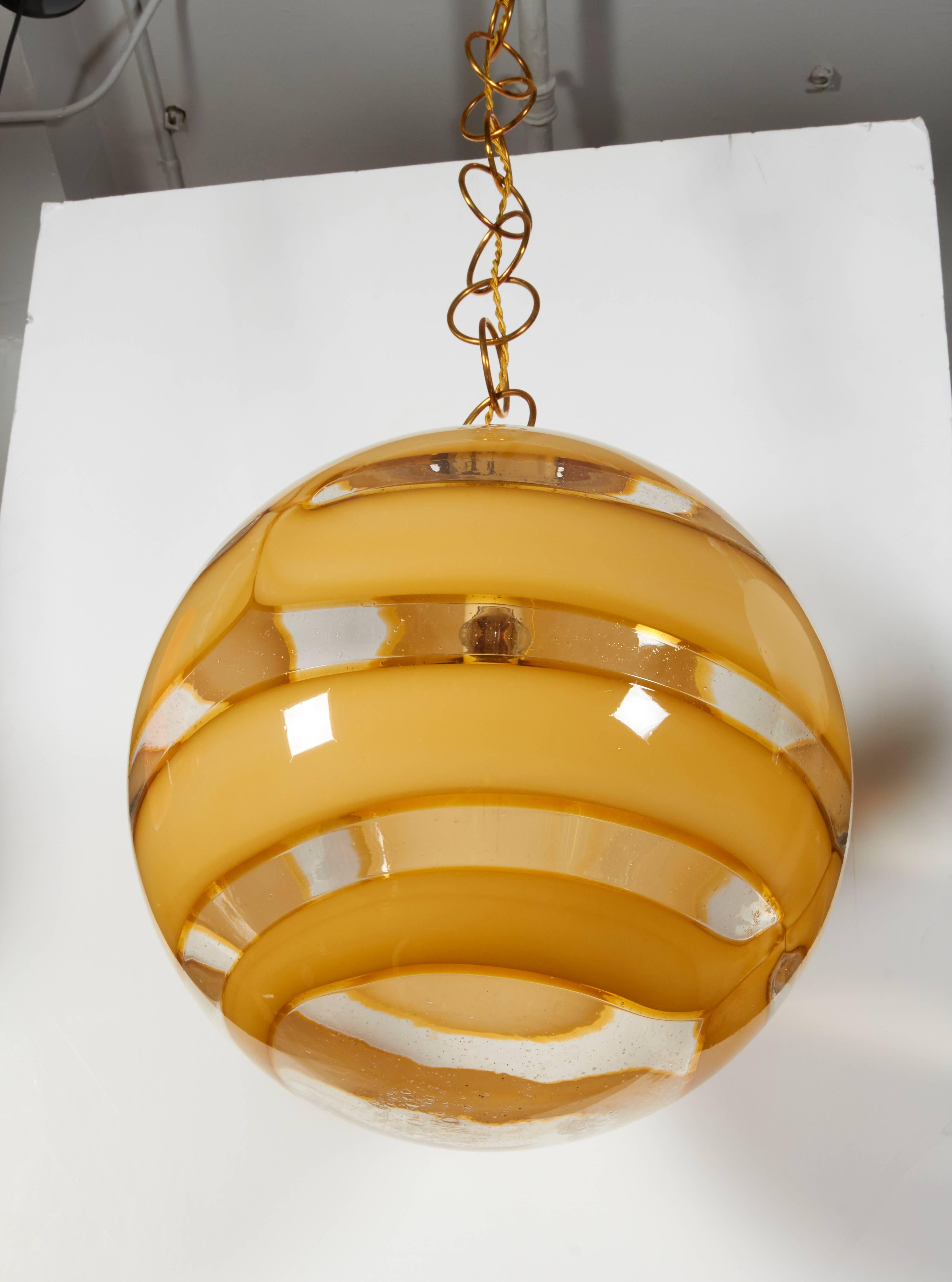 Mid-Century Modern Murano Amber Swirl Globe Pendant